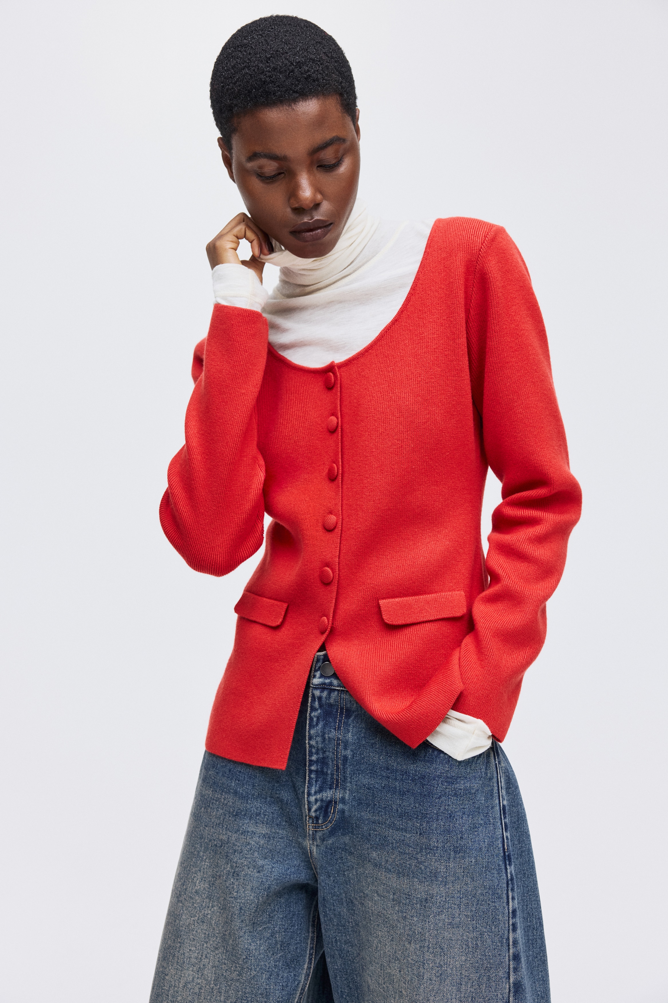 Scoop-neck rib-knit cardigan