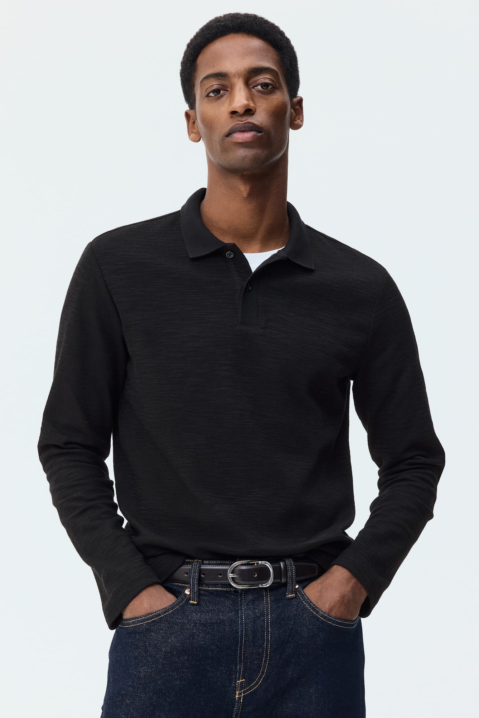 Slim Fit Long-sleeve polo shirt - Dark grey/Cream - 1