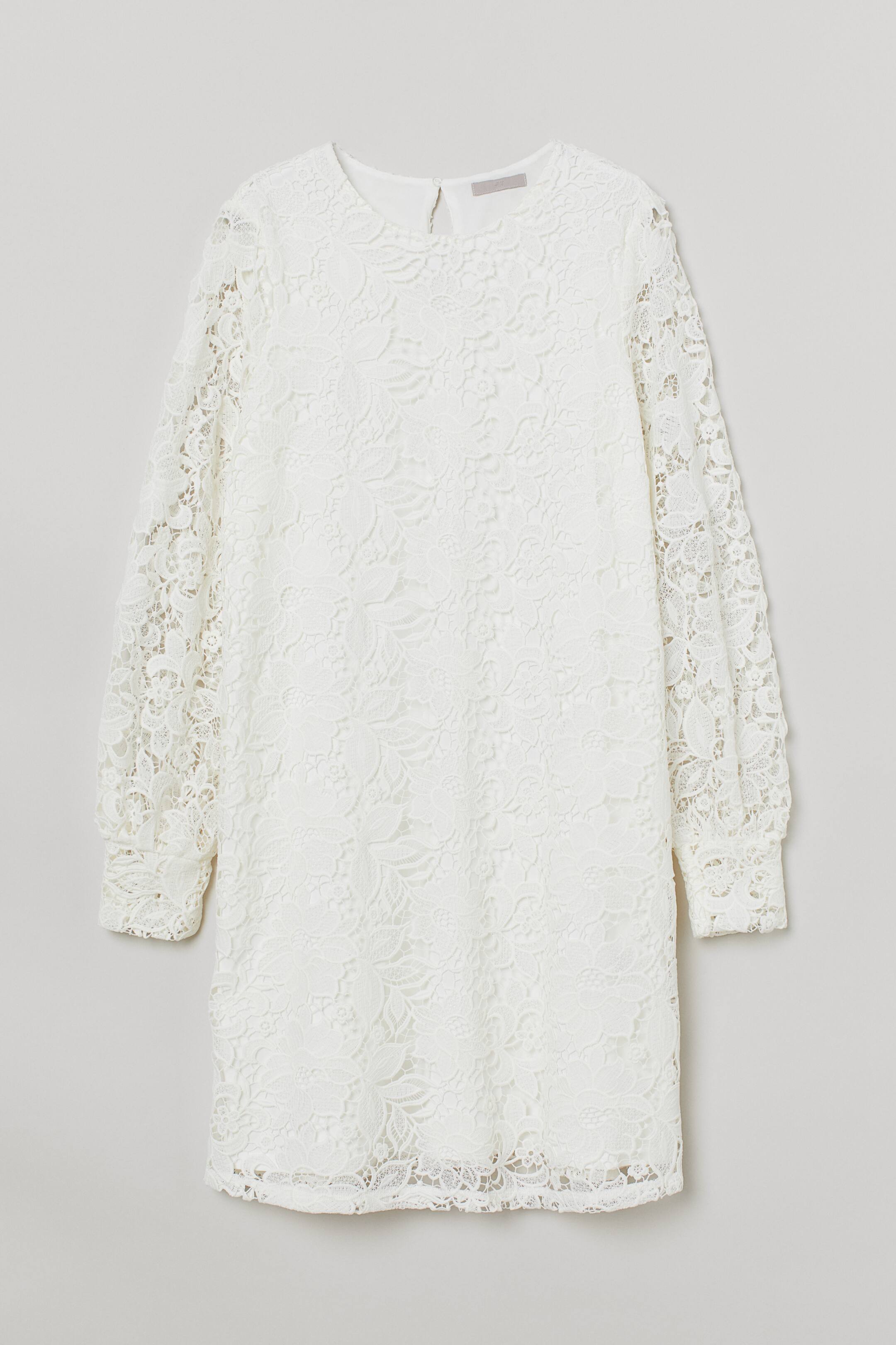 Lace dress - Round neck - Long sleeve - White - Ladies | H&M GB