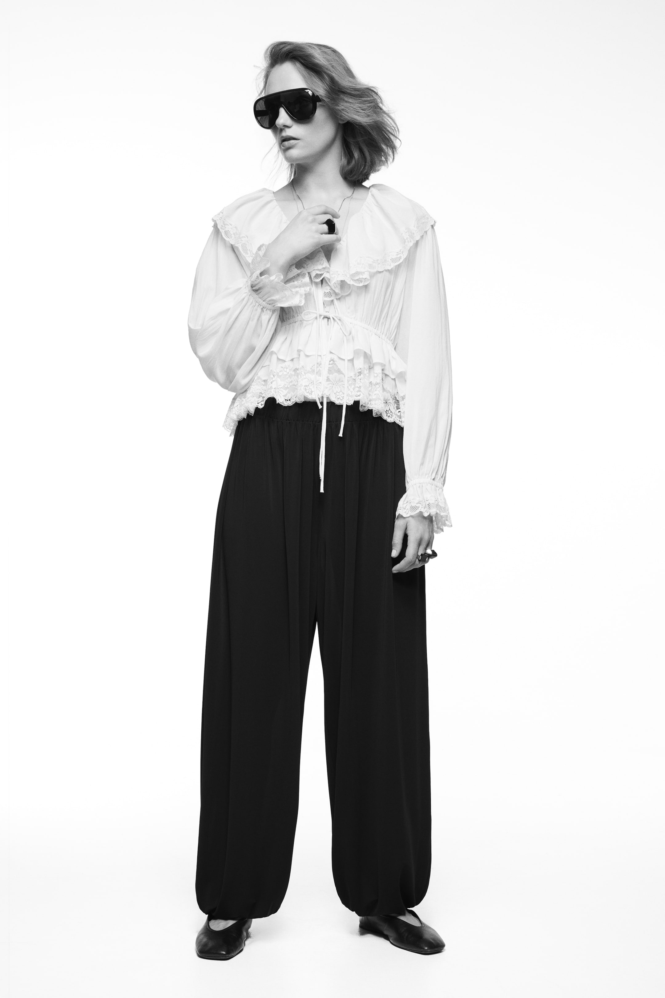 Lace-Trimmed Tie-Front Blouse