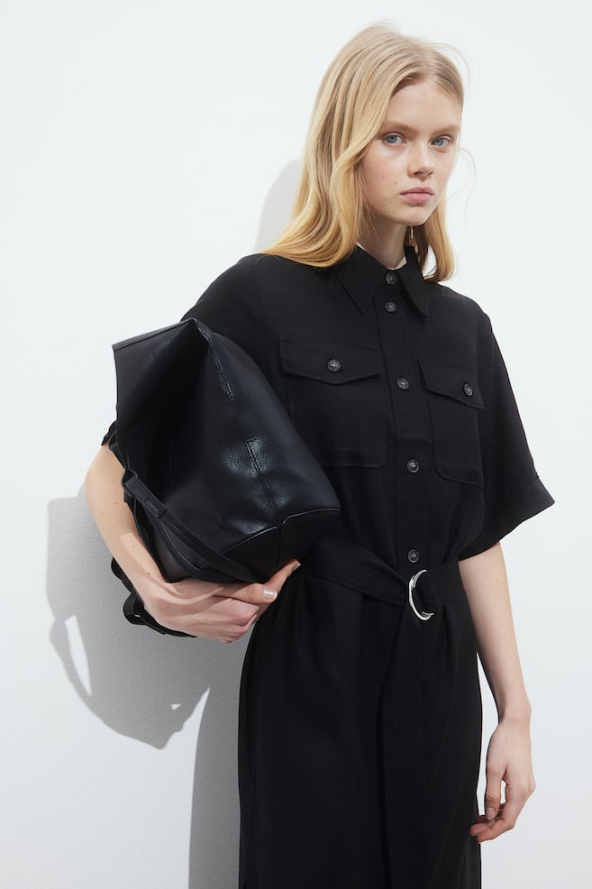 Linen-blend shirt dress - Black/Beige - 4