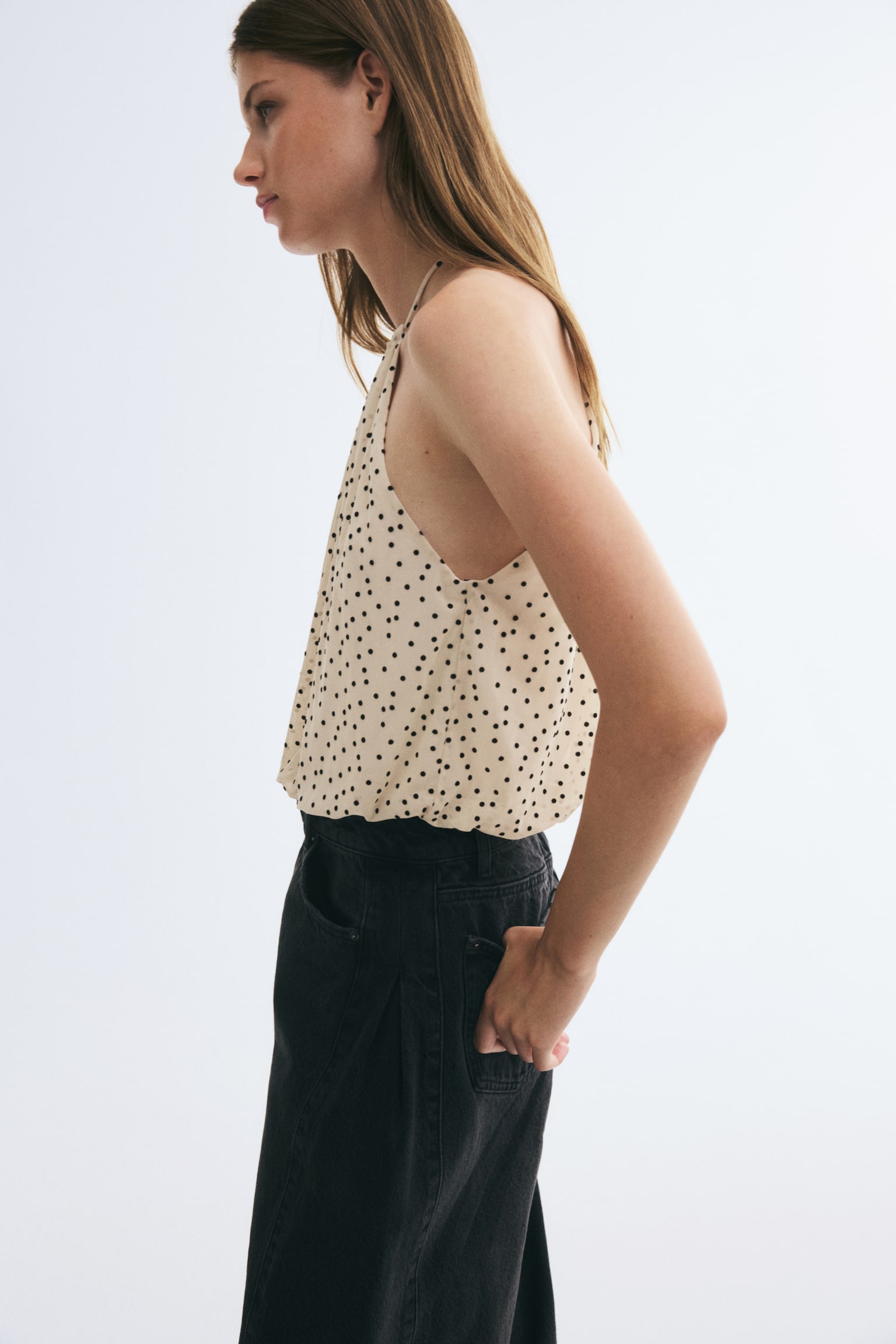 Женский топ H&M Bubble-Hem Mesh Top, цвет: Бежевый / В горошек — фото 5