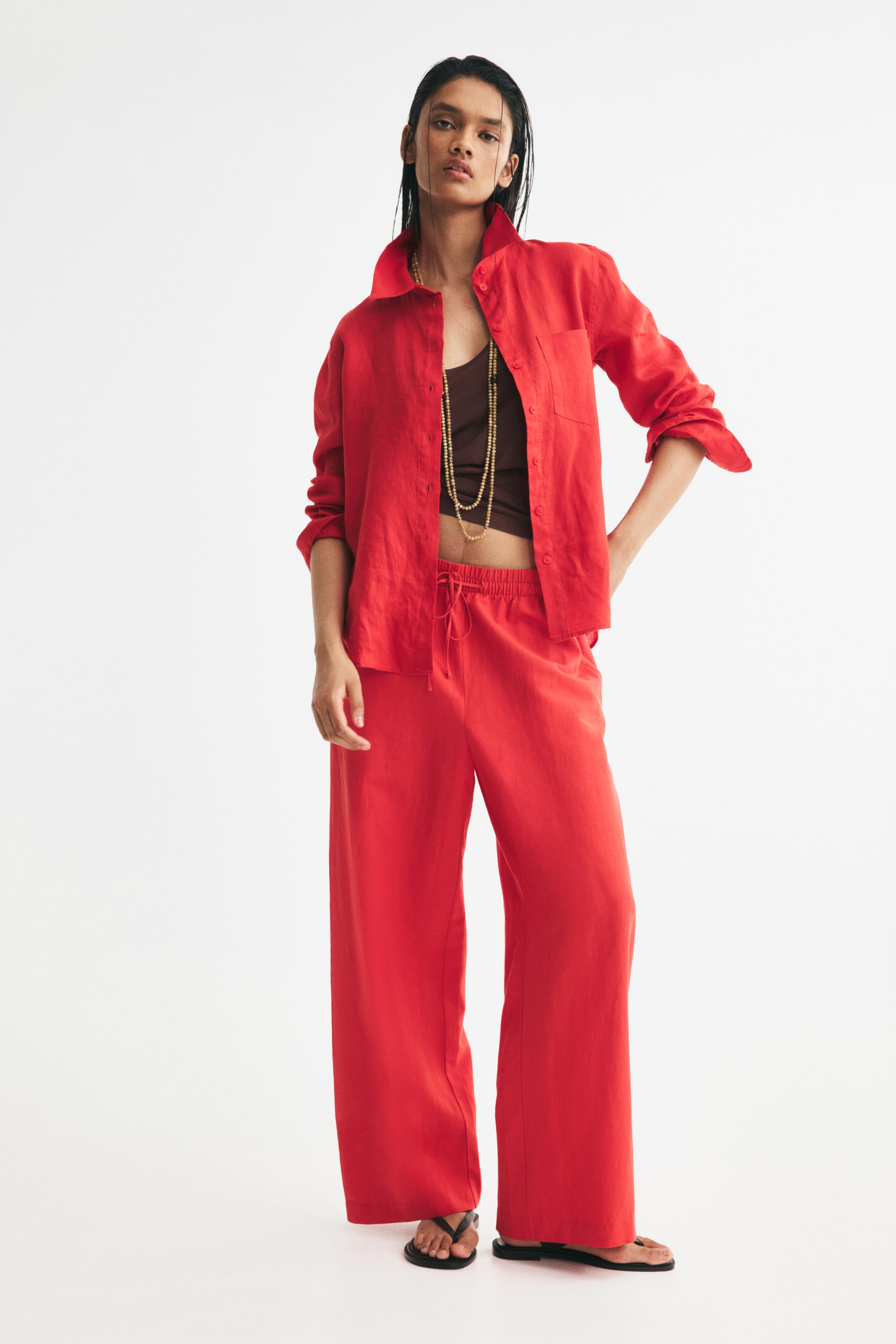 View larger image: Linen-blend drawstring trousers - Red - Ladies | H&M IN 1