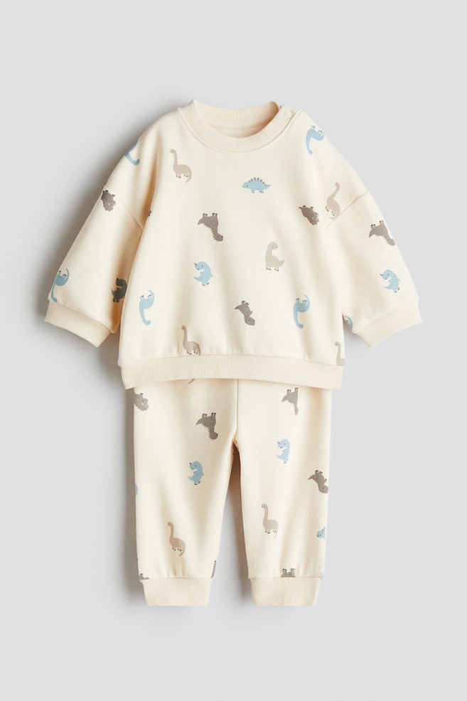 Set in felpa spazzolata con stampa 2 pezzi - Beige chiaro/dinosauri - 1