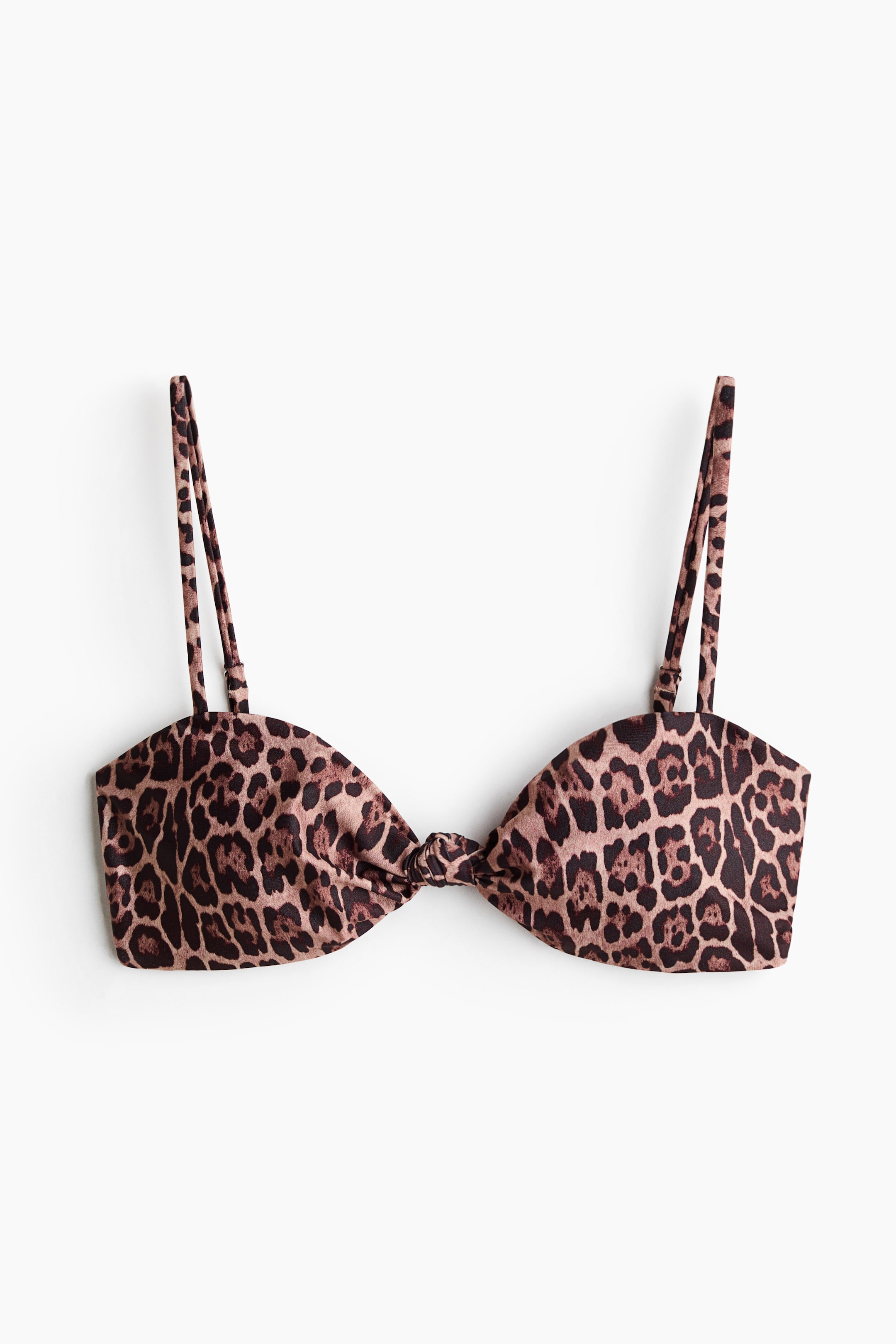 Größeres Bild ansehen: Ein Bikinioberteil mit Leopardenmuster verfügt über ein Knotendetail an der Vorderseite in der Mitte, mit dünnen, verstellbaren Schulterträgern, die nach oben verlaufen. Das Oberteil zeigt ein braun-schwarzes Animal-Print-Muster.