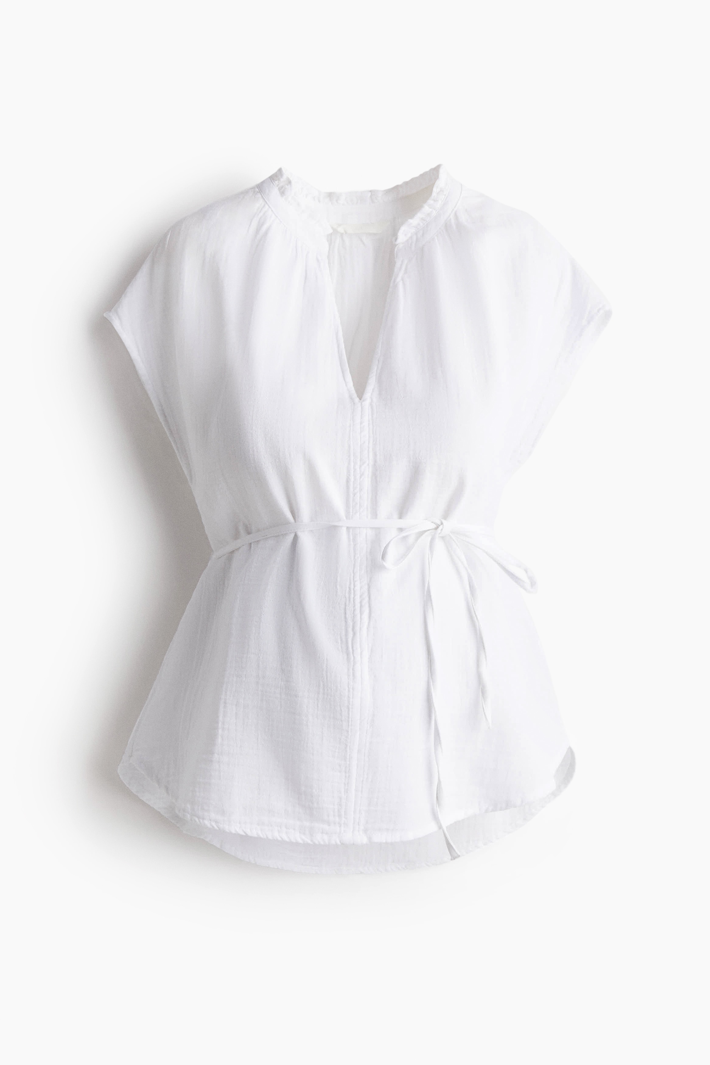MAMA Tie-belt muslin blouse - White/Light blue