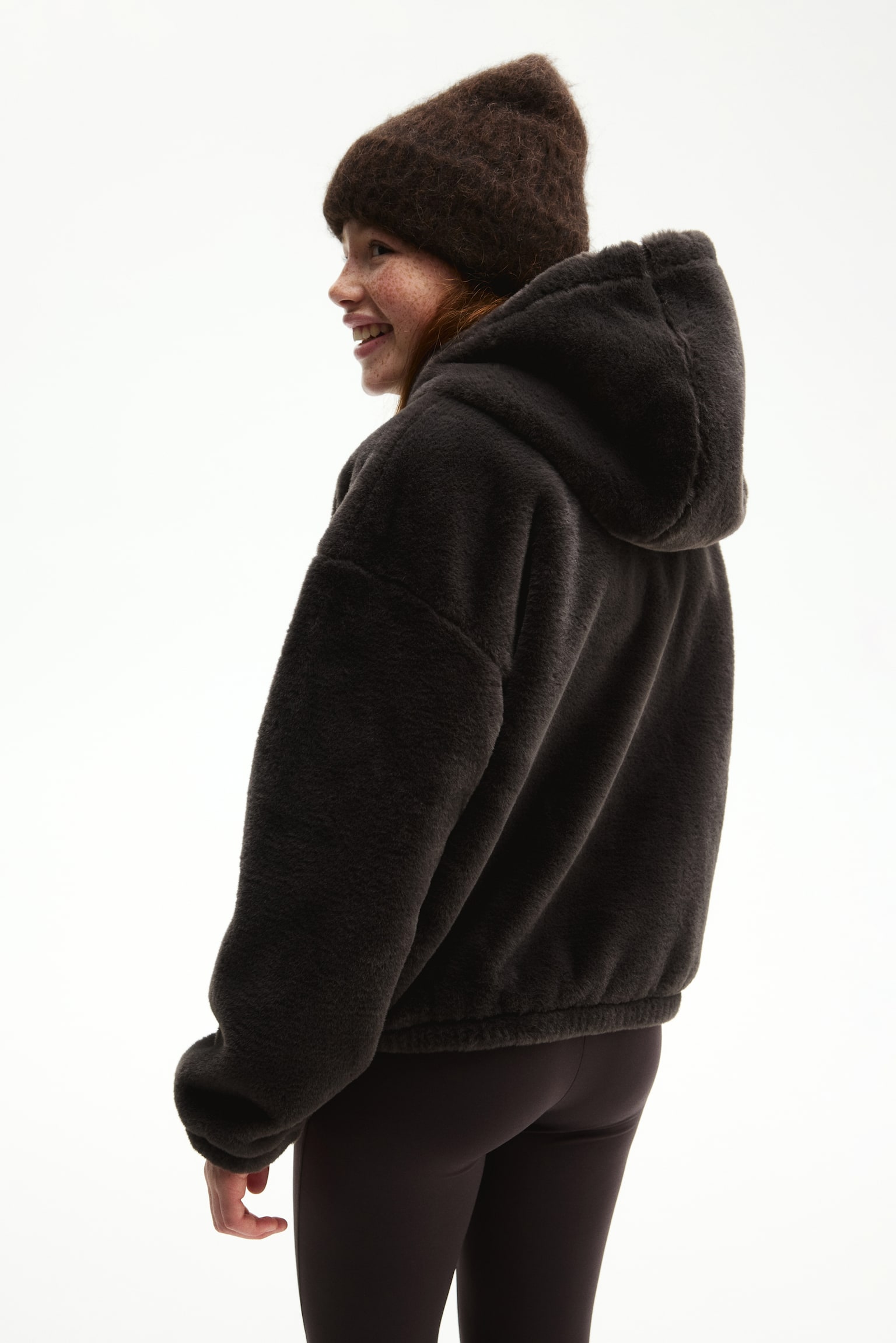 Jachetă de pluș cu fermoar și glugă - Maro-cald/Alb-fildeșiu - 4