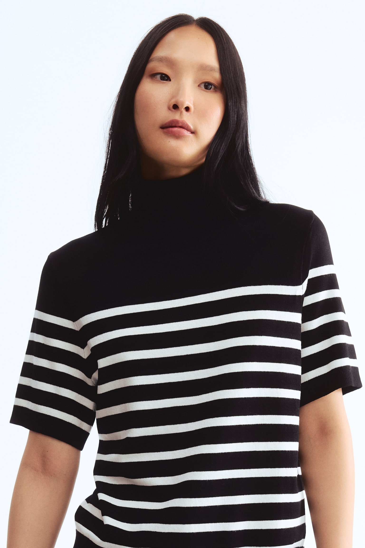 Fine-knit polo-neck top - Màu đen/Kẻ/Màu be - 3