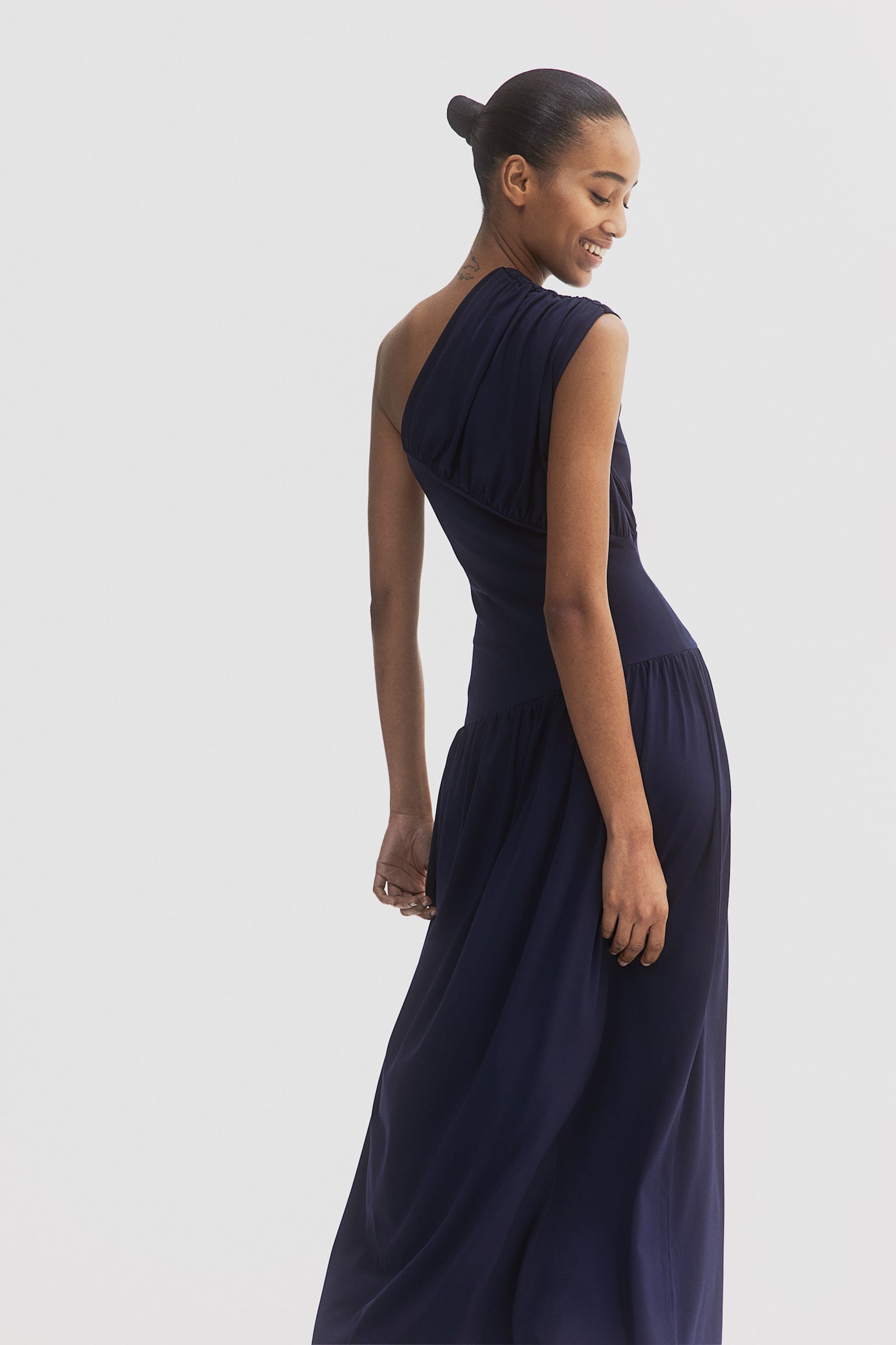 Gathered One Shoulder Dress - Navy blue - 6