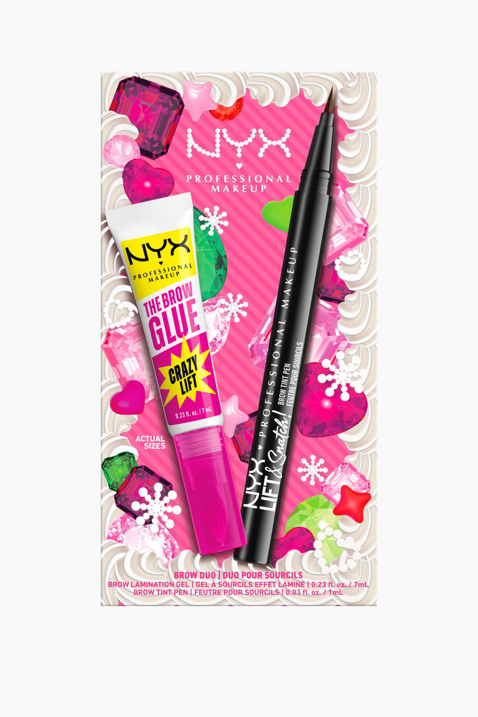 Bling The Halls Brow Glue Duo 02 -pakkauksessa nÃ¤kyy puristettava kulmakarvojen laminointigeelin tuubi, jossa on lÃ¤pikuultava vaaleanpunainen korkki, sekÃ¤ musta kulmavÃ¤rikynÃ¤, jossa on ohut sivellinkÃ¤rki. Molemmat tuotteet ovat vierekkÃ¤in vaaleanpunavalkoisen laatikon pÃ¤Ã¤llÃ¤, jota koristavat vÃ¤rikkÃ¤Ã¤t jalokivi- ja kuorrutuskuvitukset.