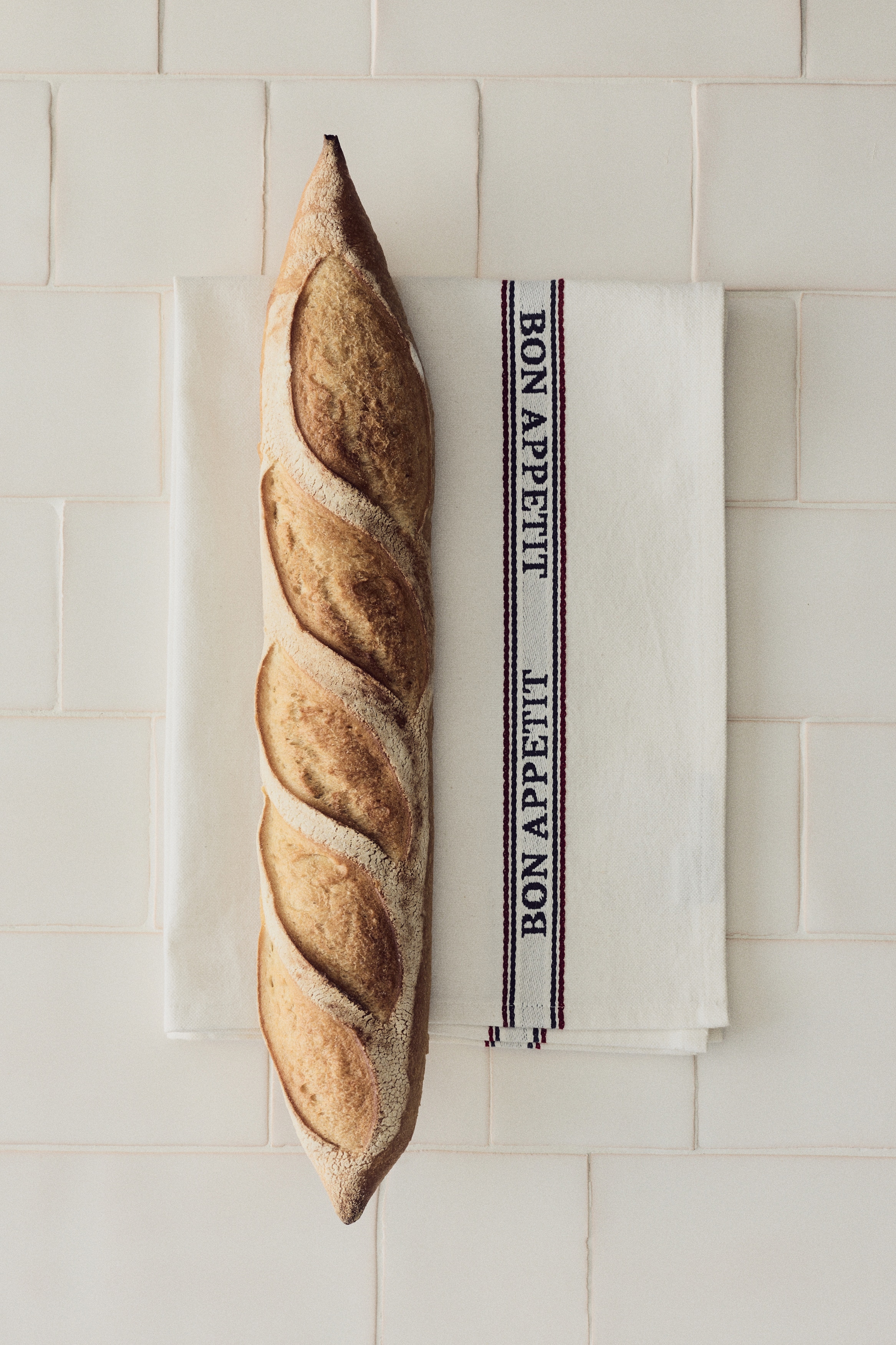 Linen-blend tea towel - Cream/Bon Appétit/Cream/Striped/Cream/Bon Appétit/Cream/Striped