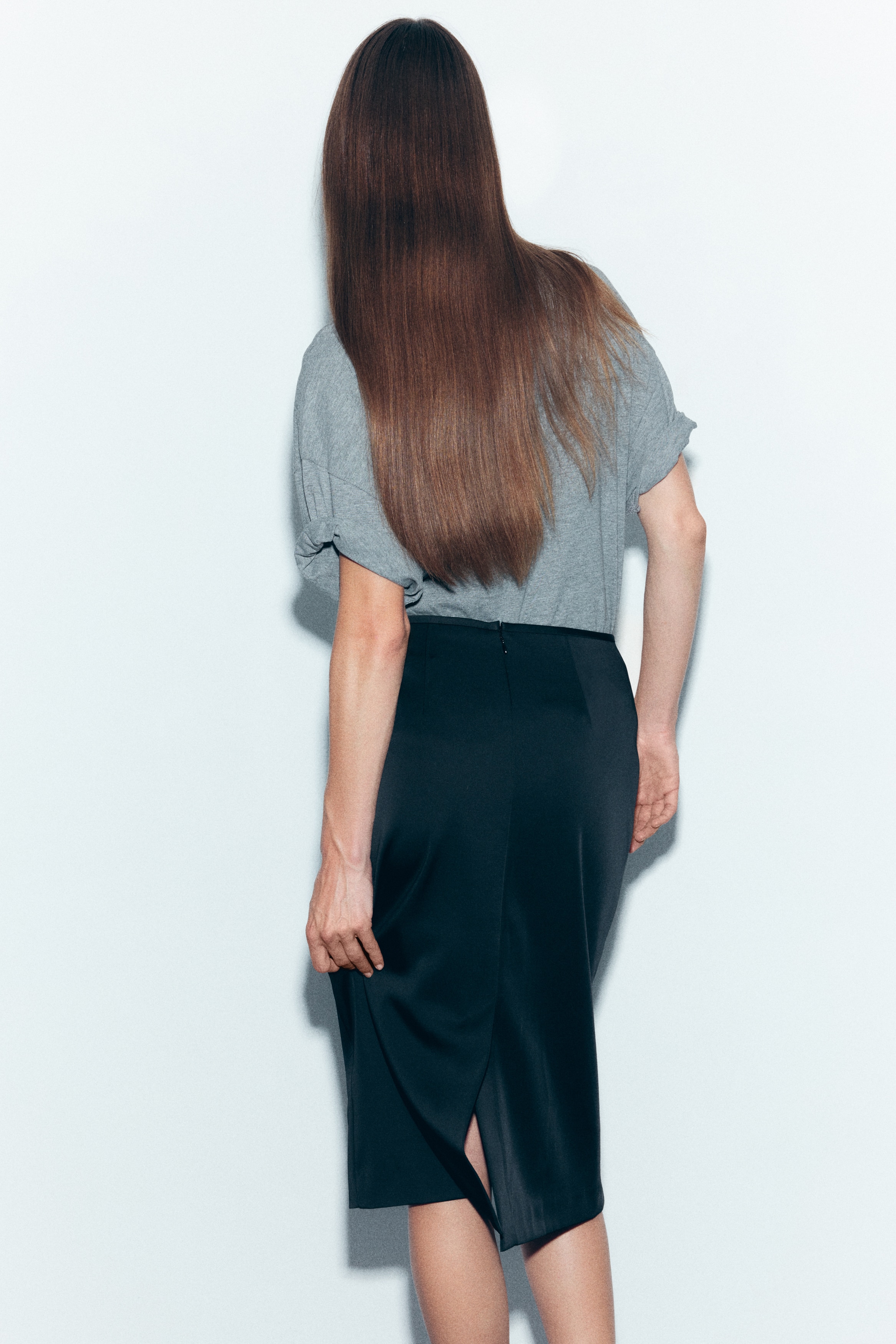 ハイウエストペンシルスカート |ブラック、レザー、ミディ丈