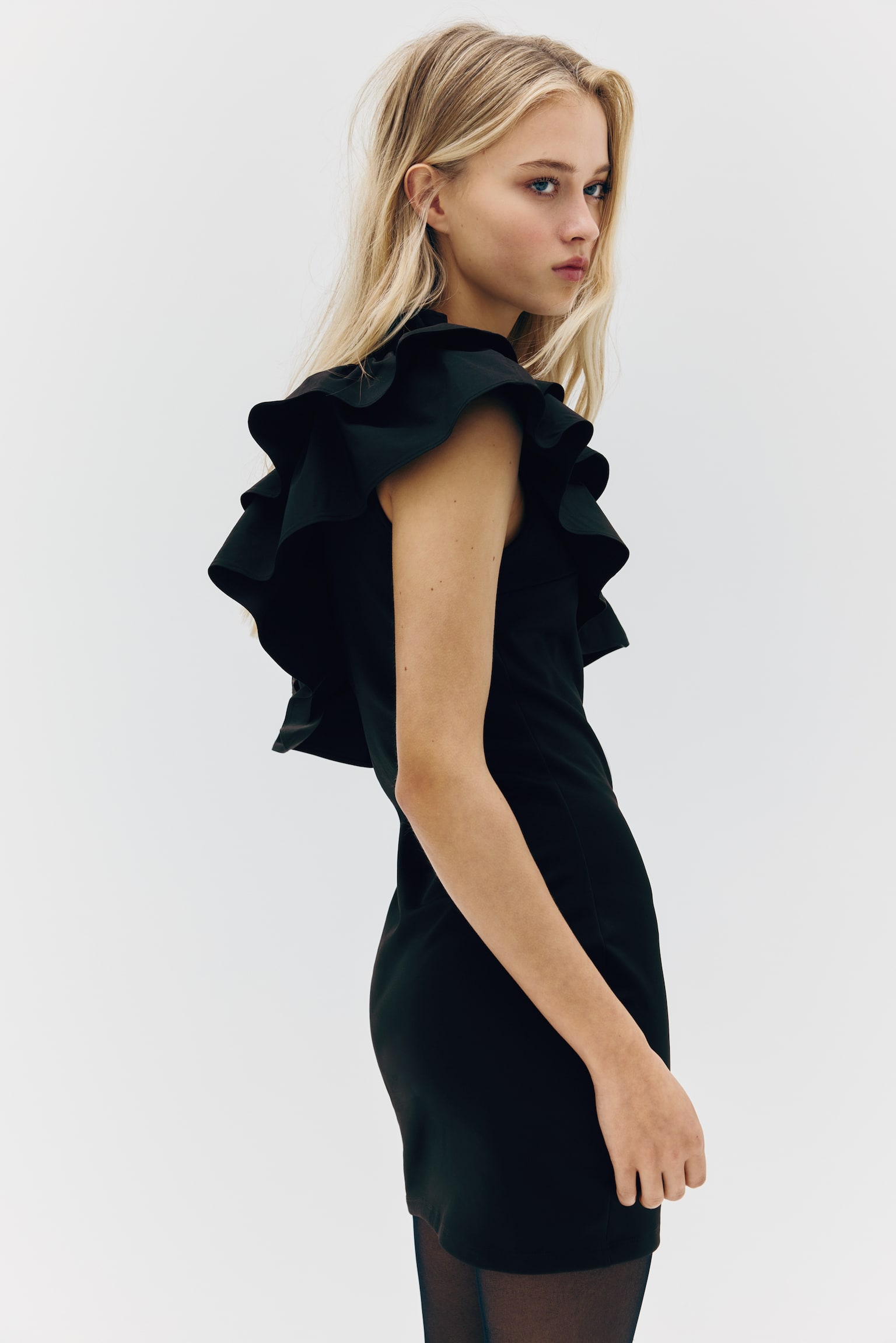 Frill-trimmed one-shoulder dress - Black - 6