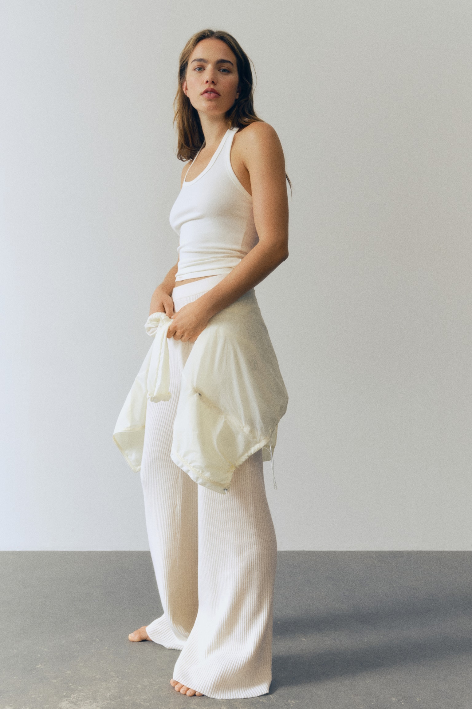 Женские брюки H&M Wide-Leg Rib-Knit, цвет: Кремовый — фото 7
