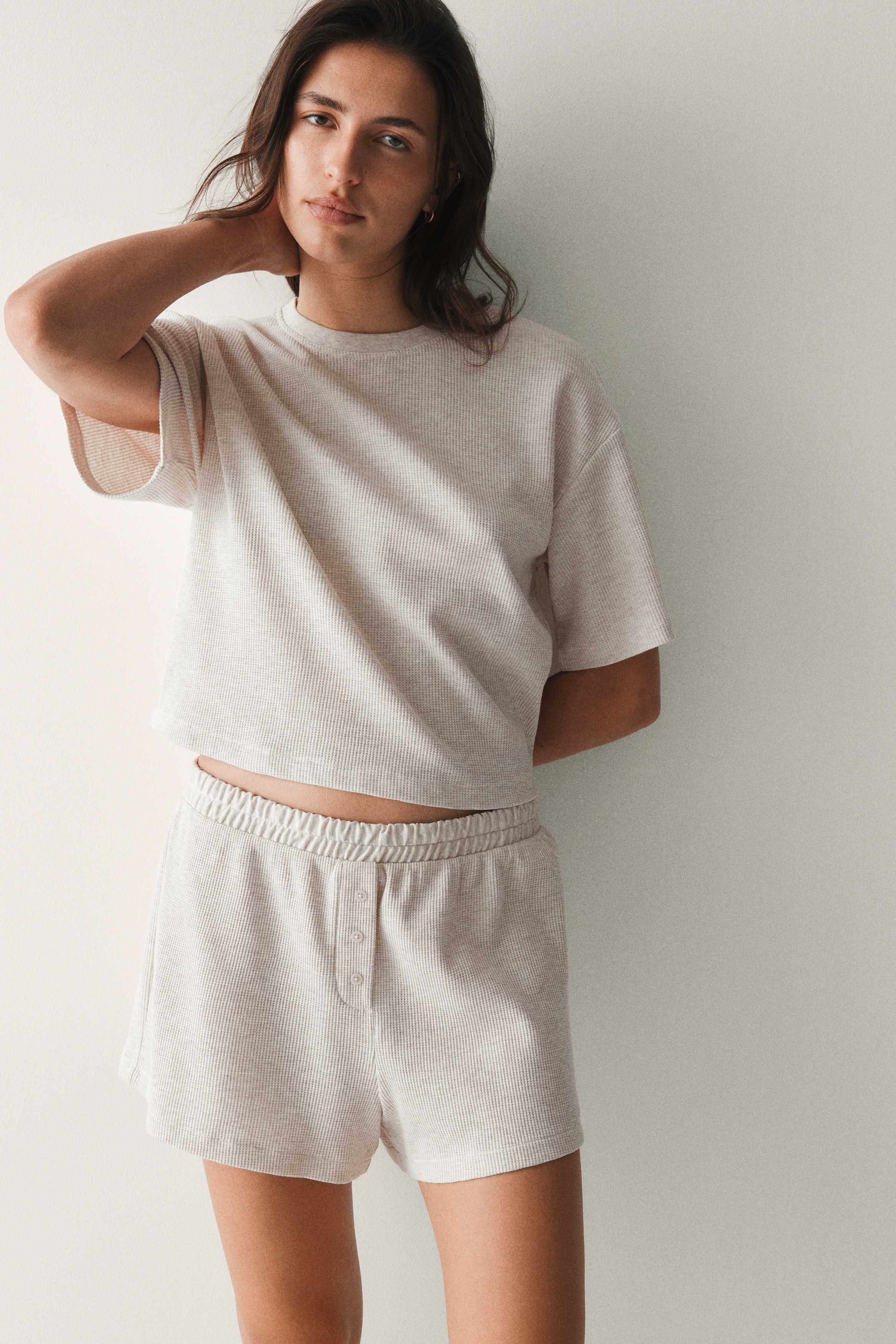 Komplet za spavanje vafl tkanja - Svetlobež/Krem/Smeđa