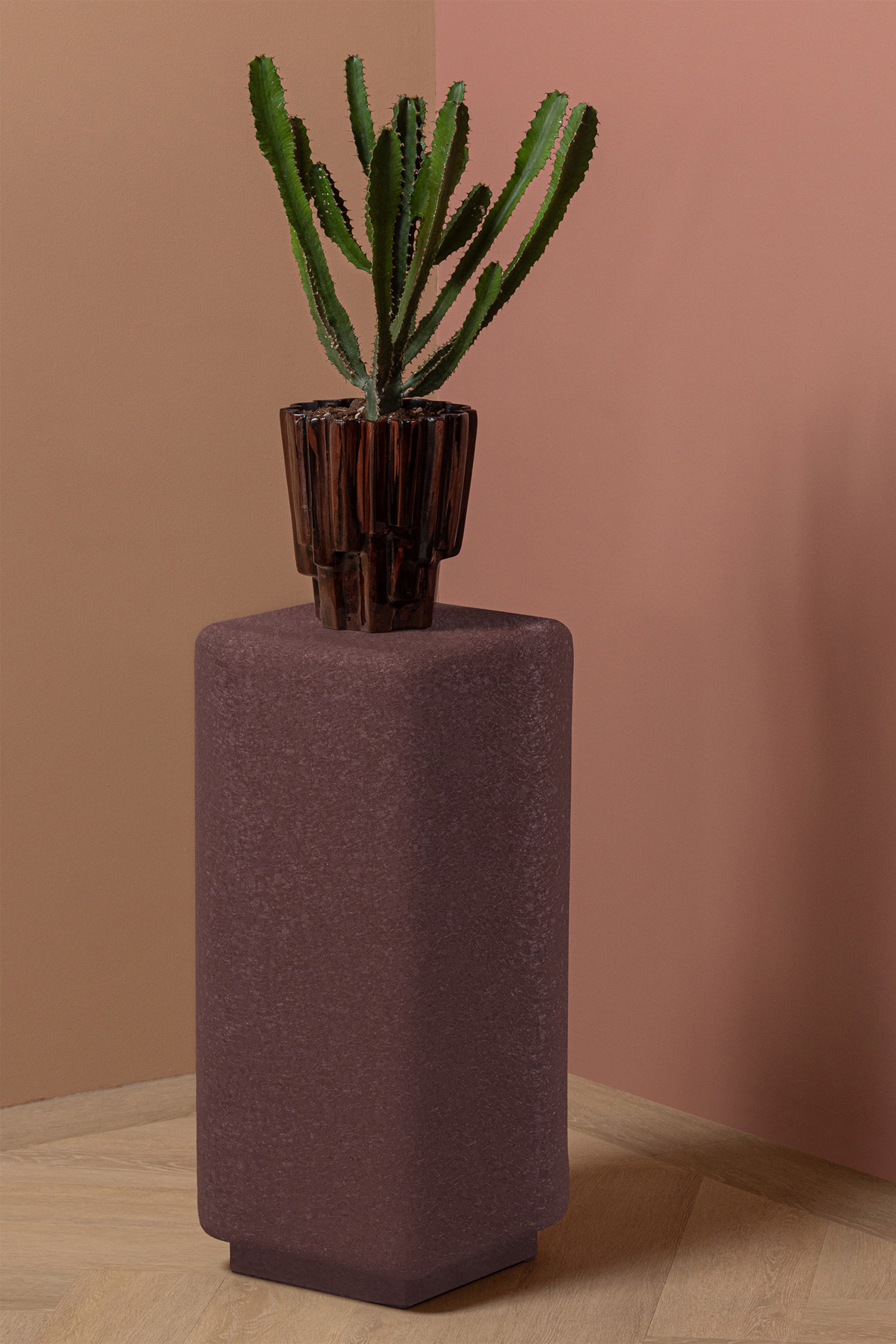 Agrandir l'image: Un socle brun-rouge foncé est placé, légèrement incliné vers la gauche, exhibant un corps texturé avec un dessus plat et une base carrée distincte. Une plante cactus en pot repose sur son dessus plat.