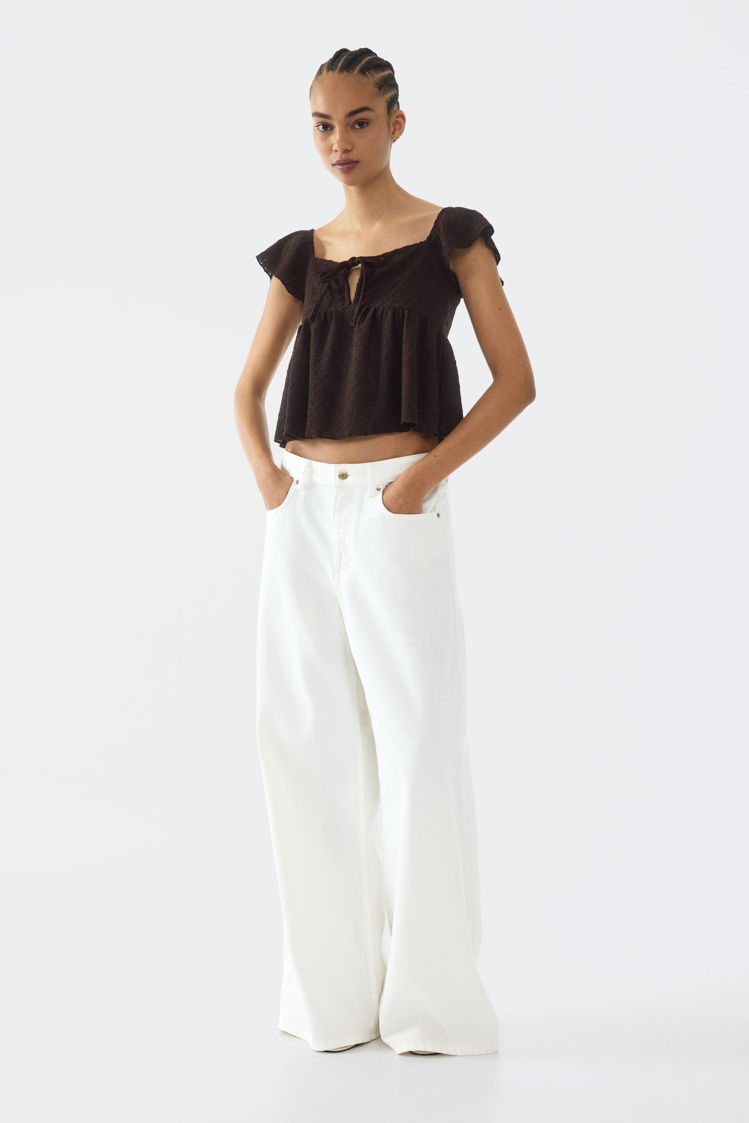 Pointelle jersey blouse - Dark brown/Light yellow/Light blue/White - 7