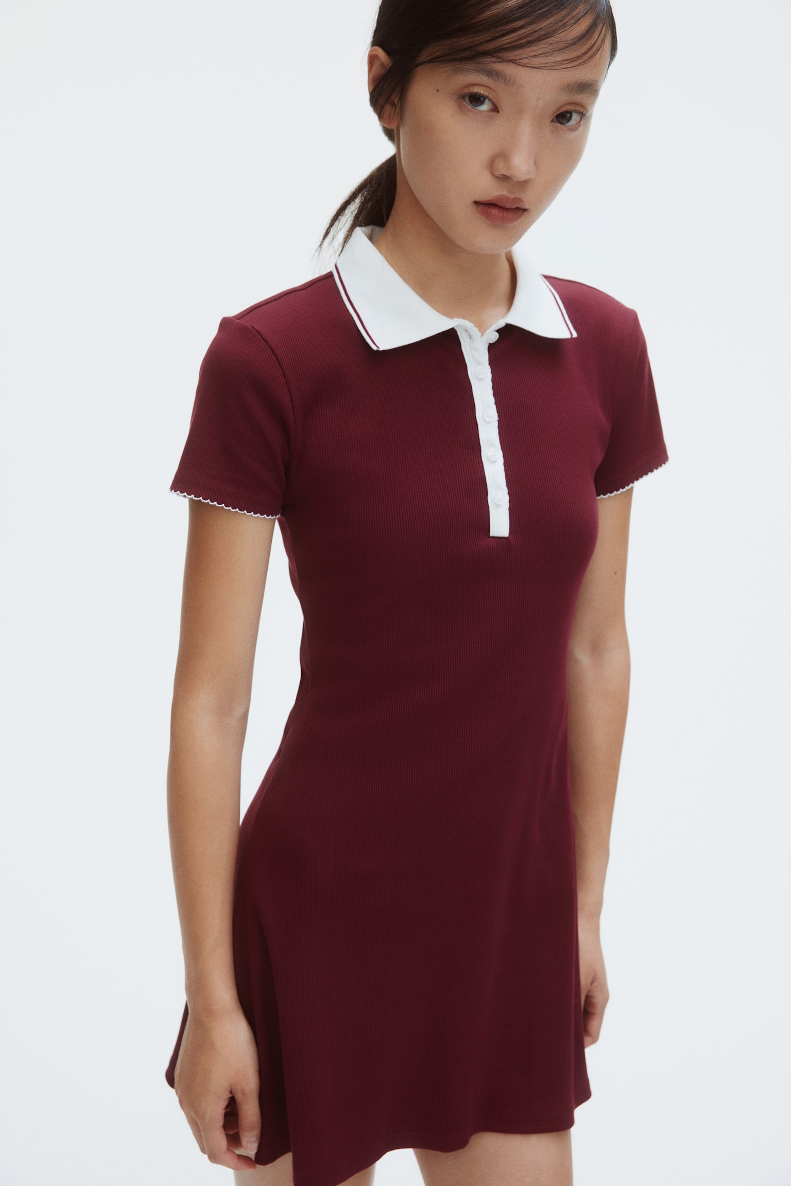傘襬Polo洋裝 - 酒紅色/海軍藍 - 7