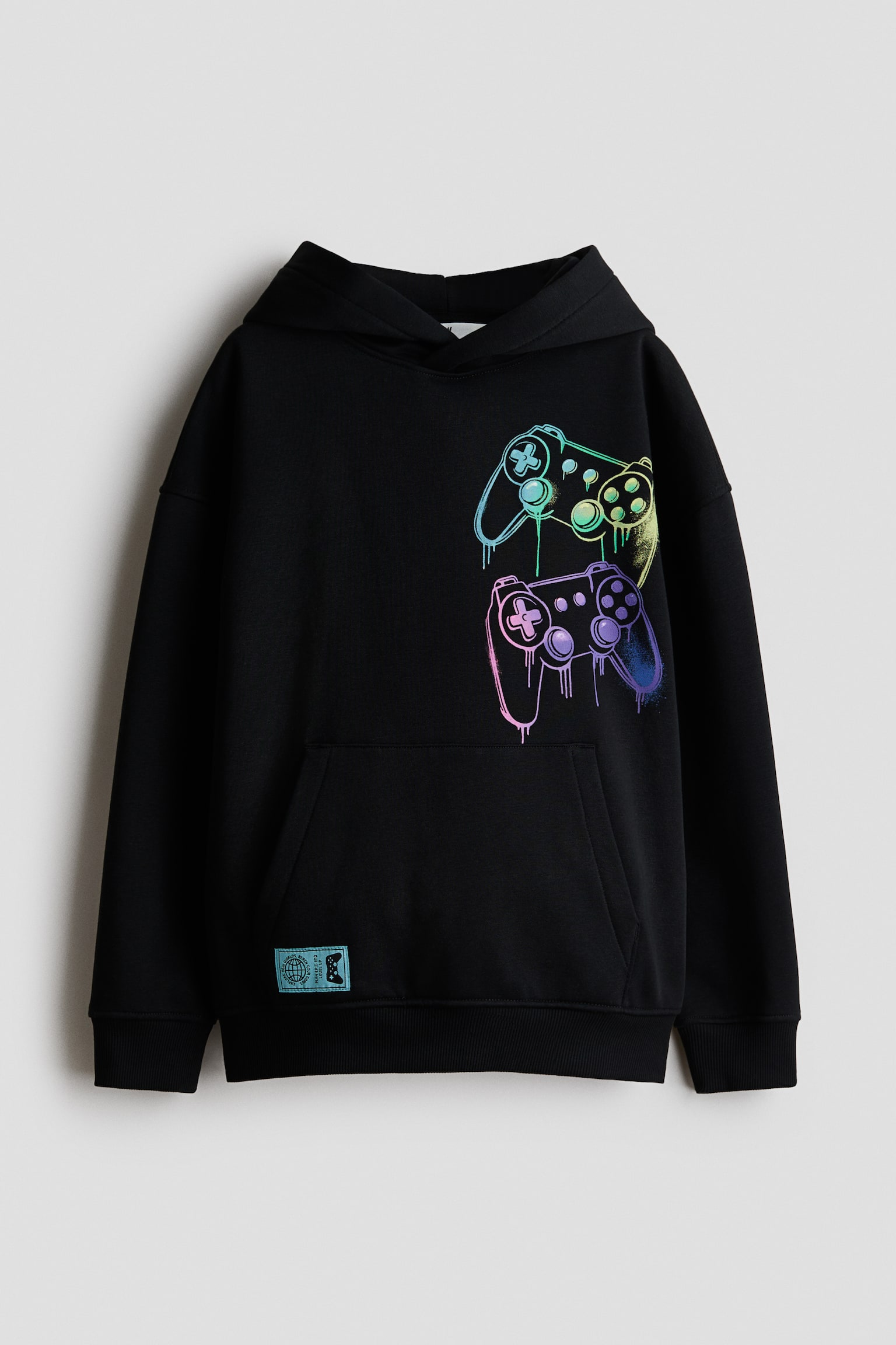 Printed brushed-inside hoodie - Black/Gaming controllers/Dark grey/Tie-dye