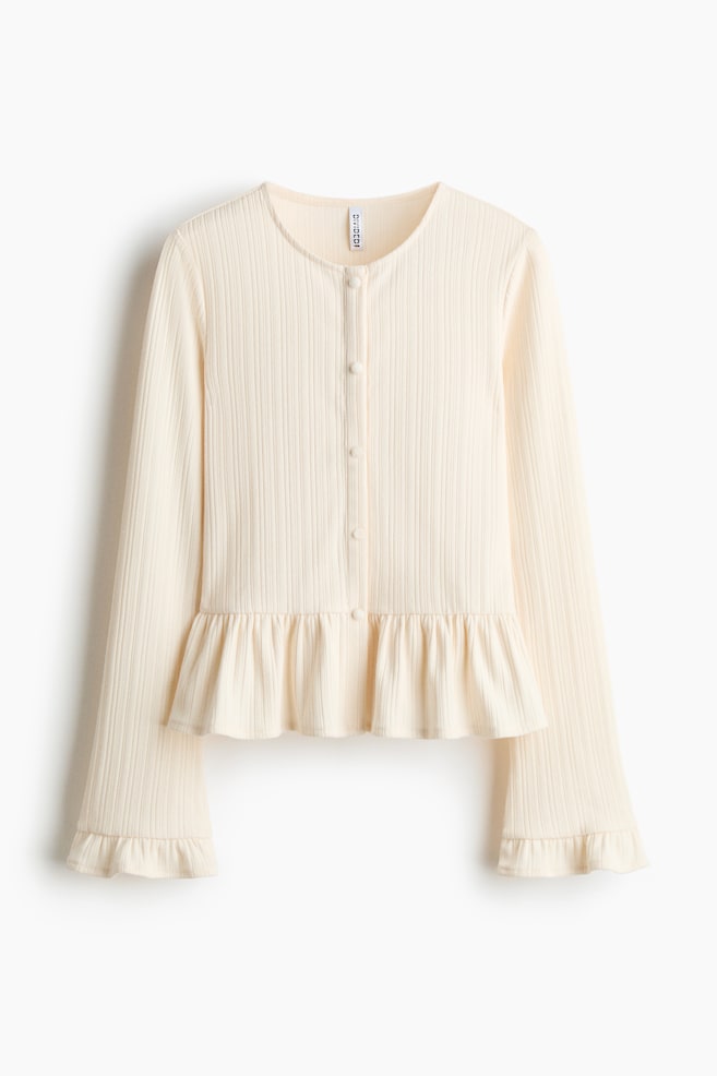 Rib-knit peplum cardigan - Cream/Navy blue - 1