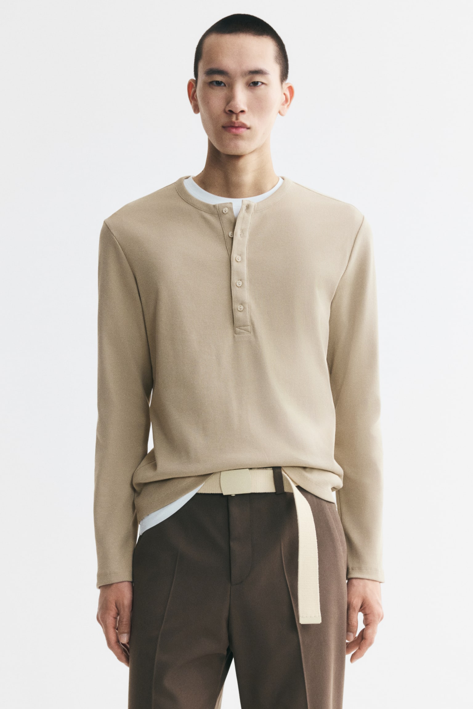 Slim Fit Ribbed Henley shirt - Beige/Khaki green/Cream/Dark khaki green - 1