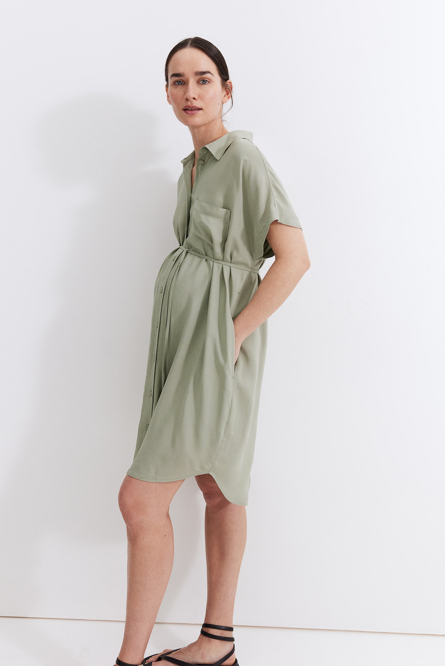 MAMA Tie Belt Shirt Dress - Light khaki green/Blue/Stripe/Black - 6