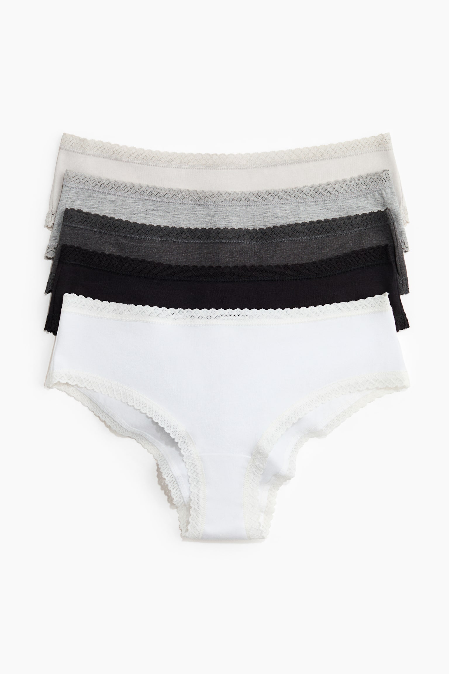 Balenie 5 ks bedrových bavlnených nohavičiek - Čierna/sivá melírovaná/Biela/srdiečka/Čierna/Čierna