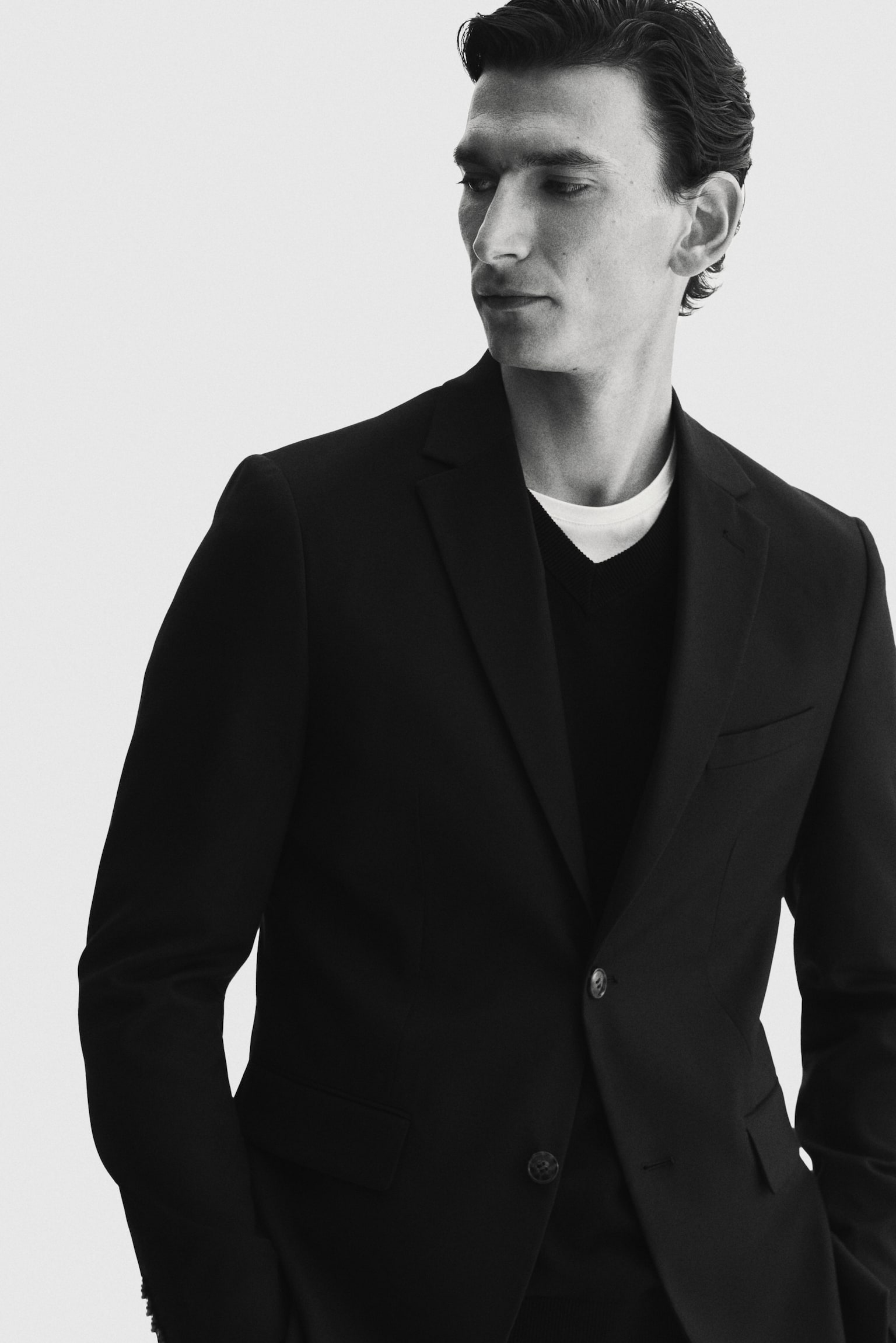 標準剪裁單排扣外套 - 黑色/米色 - 3