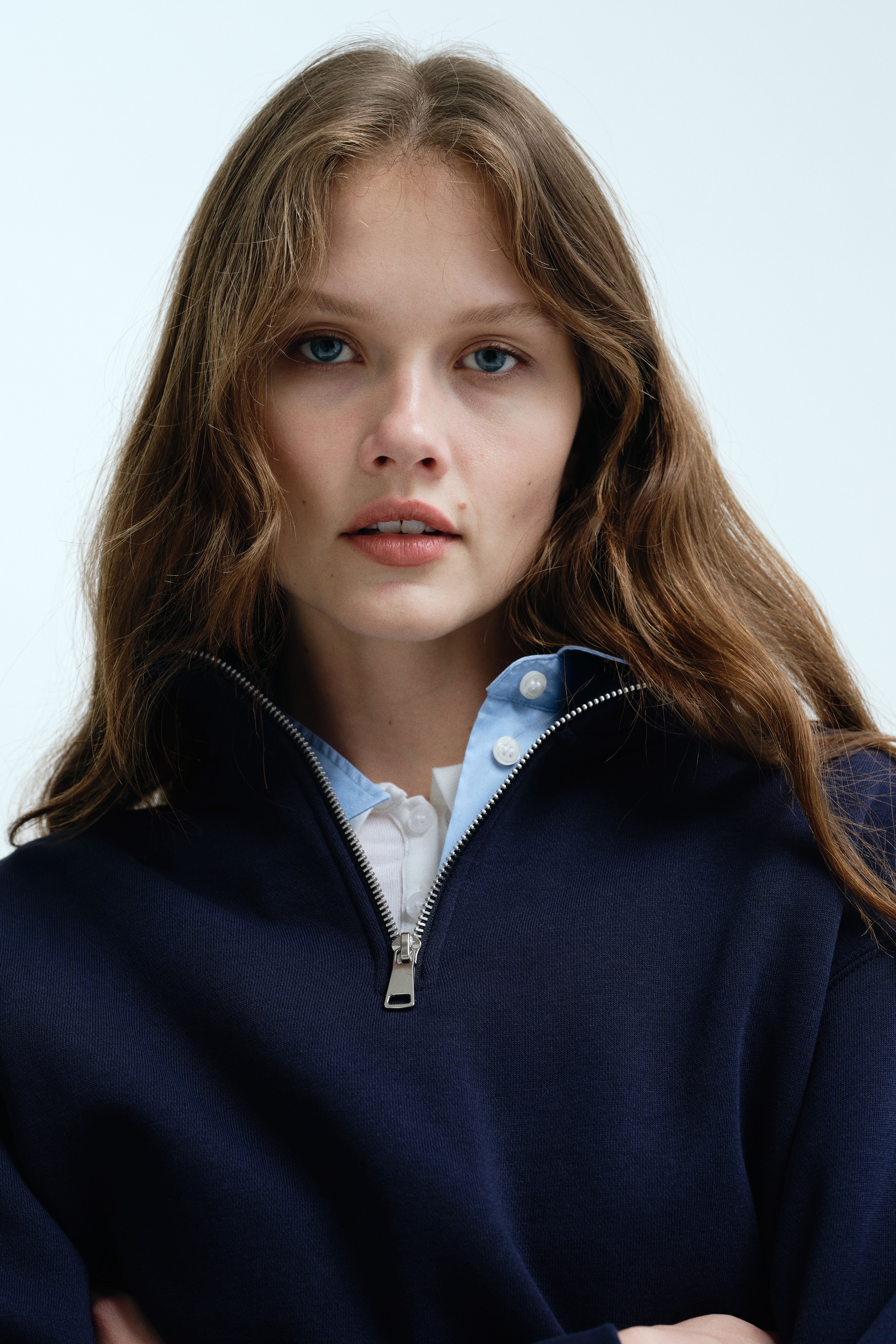 Sweatshirt com meio fecho éclair - Azul marinho/Bege claro/Castanho