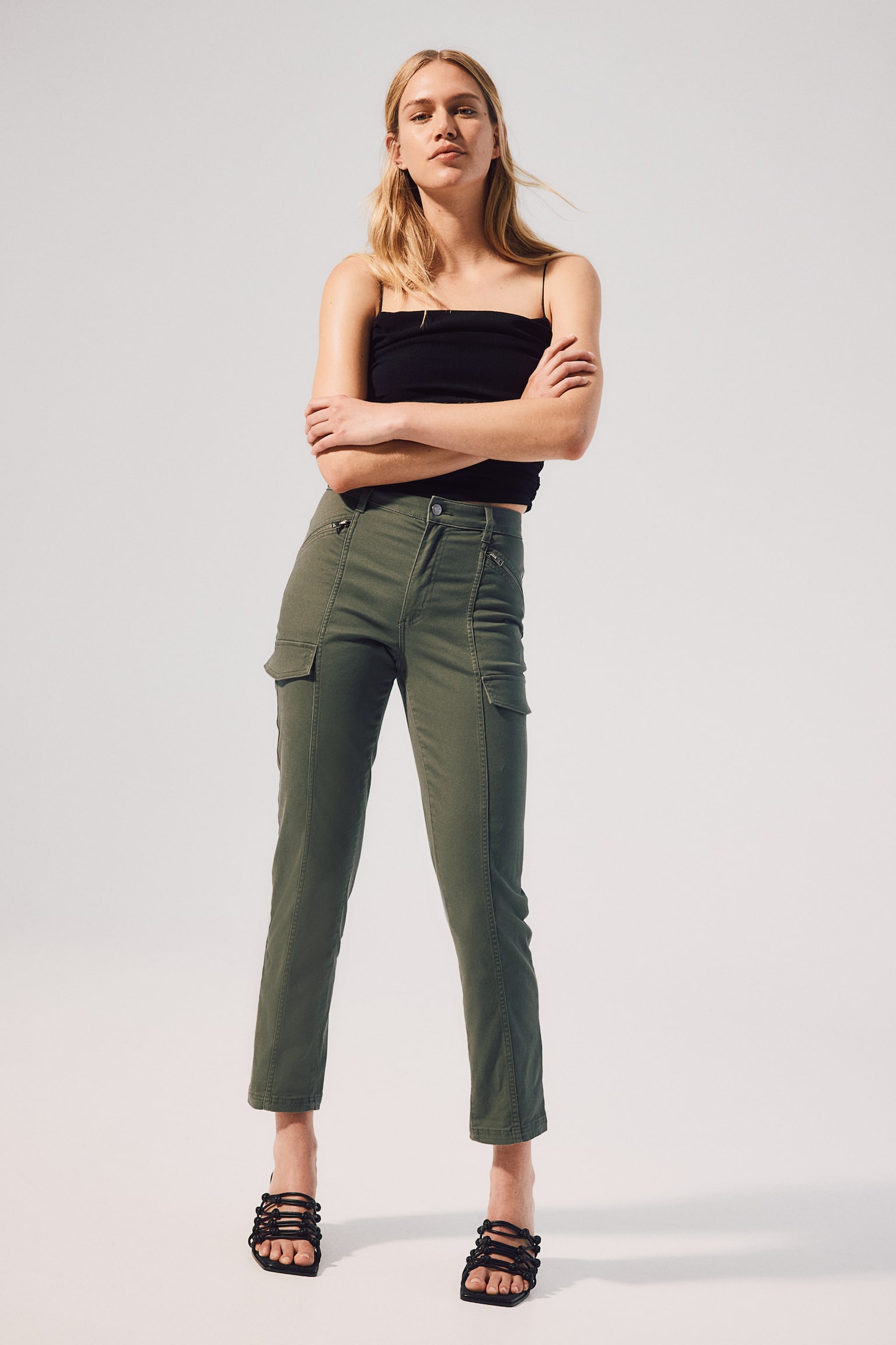 Slim cargo trousers - Dark khaki green/Light greige - 3