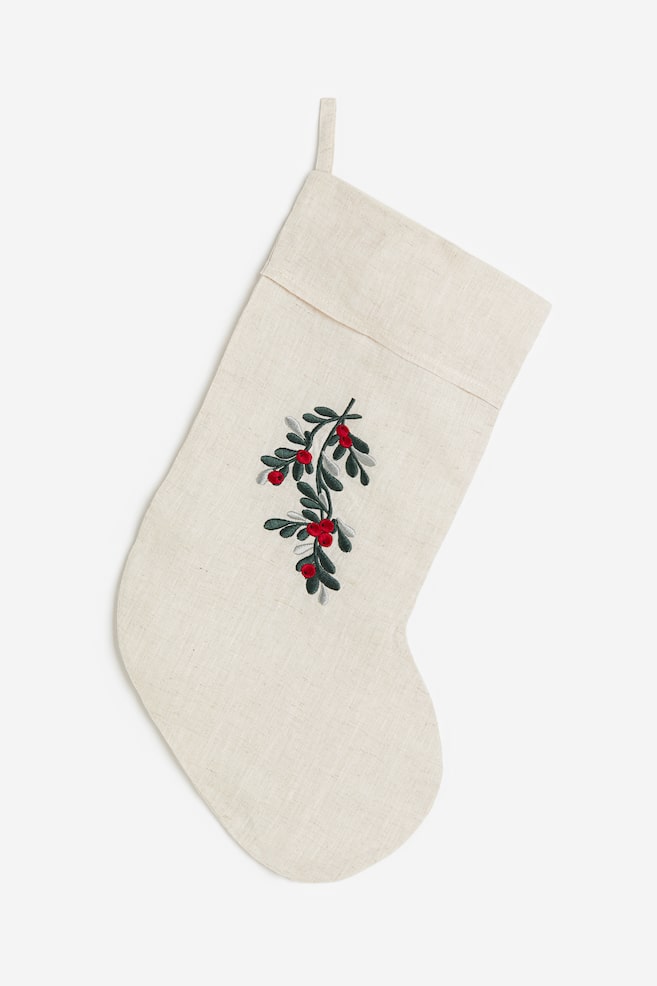 Embroidered-motif Christmas stocking - Light beige/Mistletoe - 1