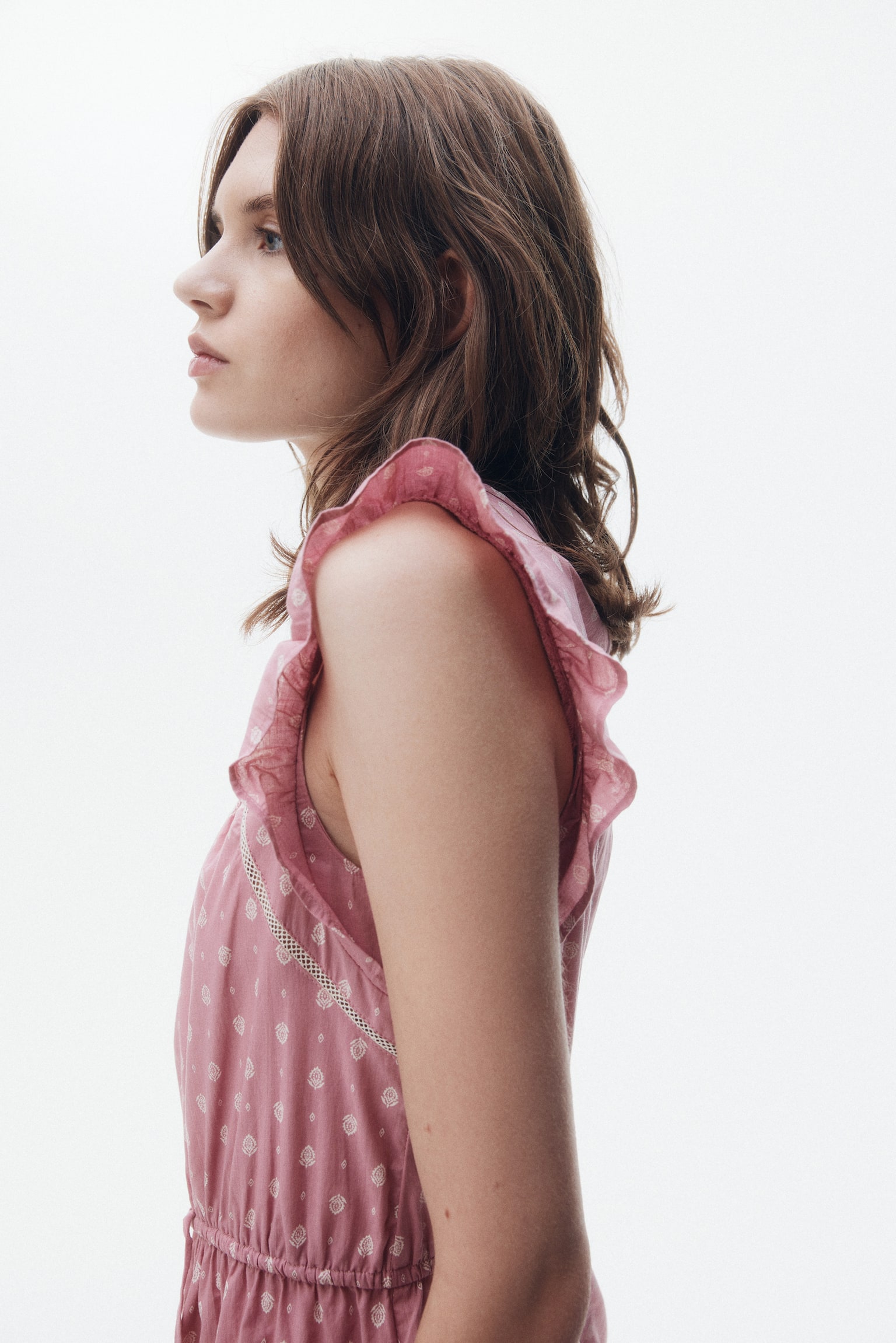 蕾絲裝飾棉質洋裝 - 粉紅色/印花 - 6