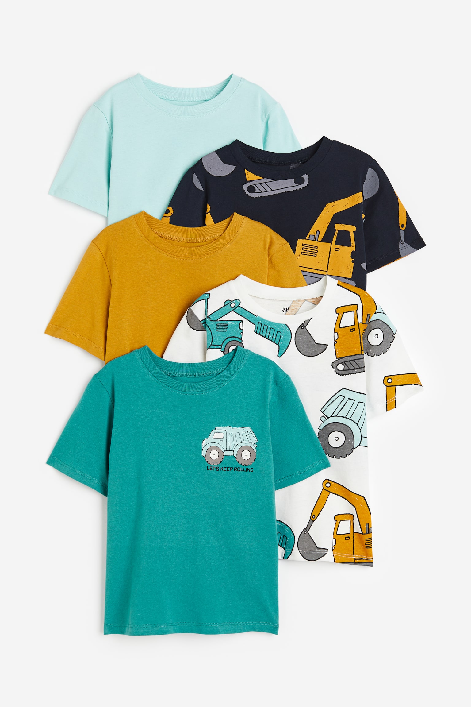5-pack Jersey Tees - Mustard yellow/Excavators/Light turquoise/Cars/Green/Animals/Light turquoise/Milano/Light orange/Skate/Cream/Lemons/Green/Animals/White/Vehicles - 1