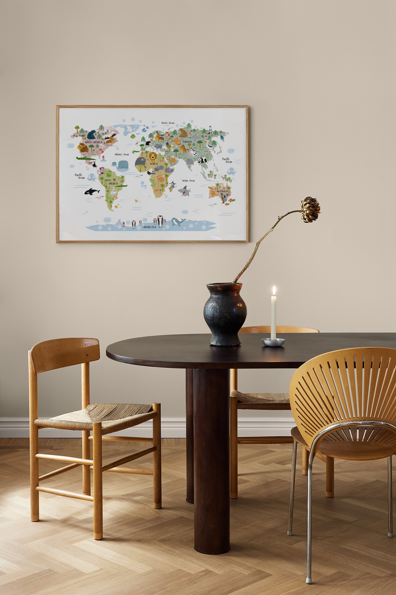 Animal World Map Poster - Weiß/blau/grün