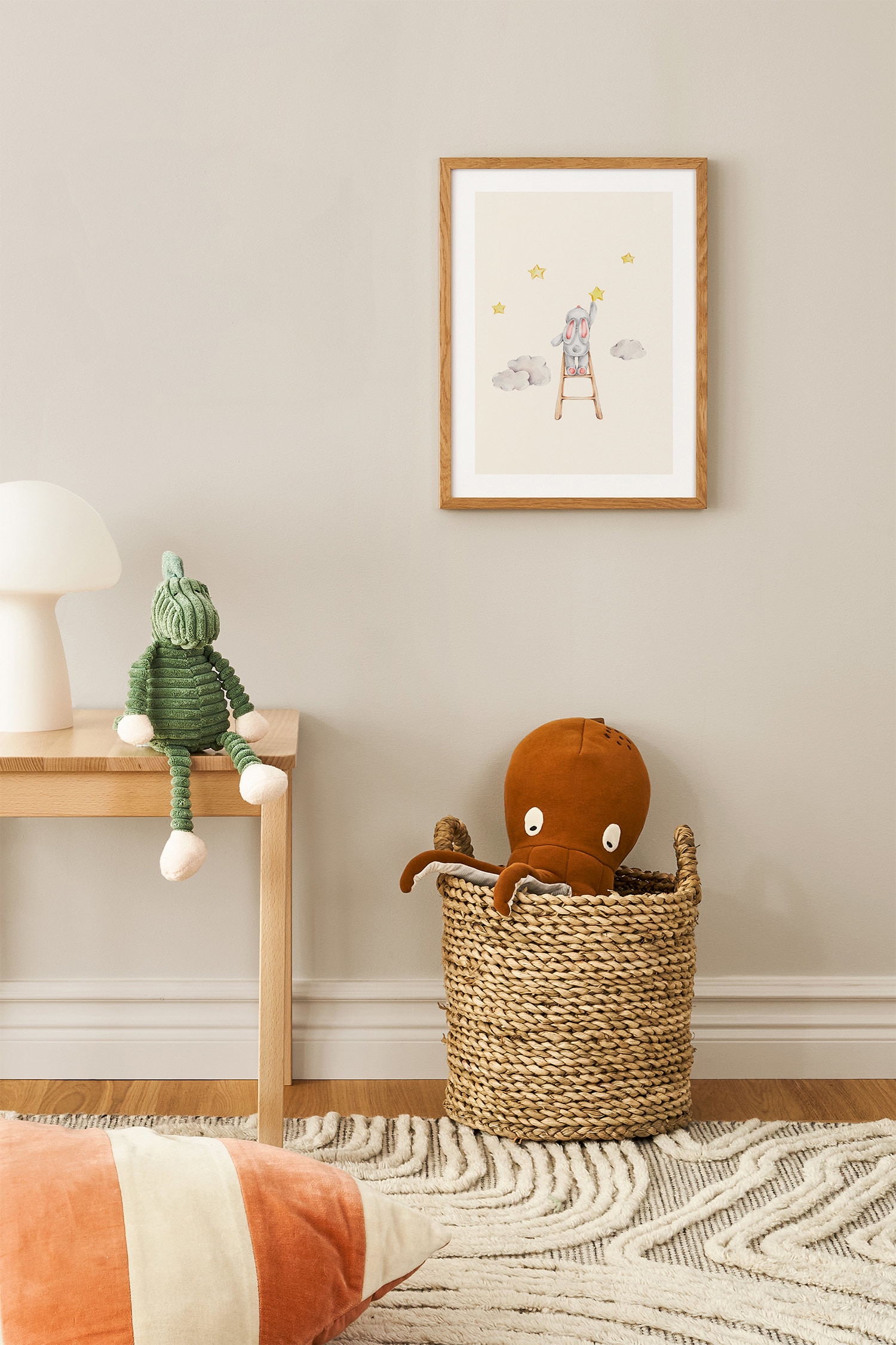 Bunny Picking Stars Poster - Beige/grau/gelb