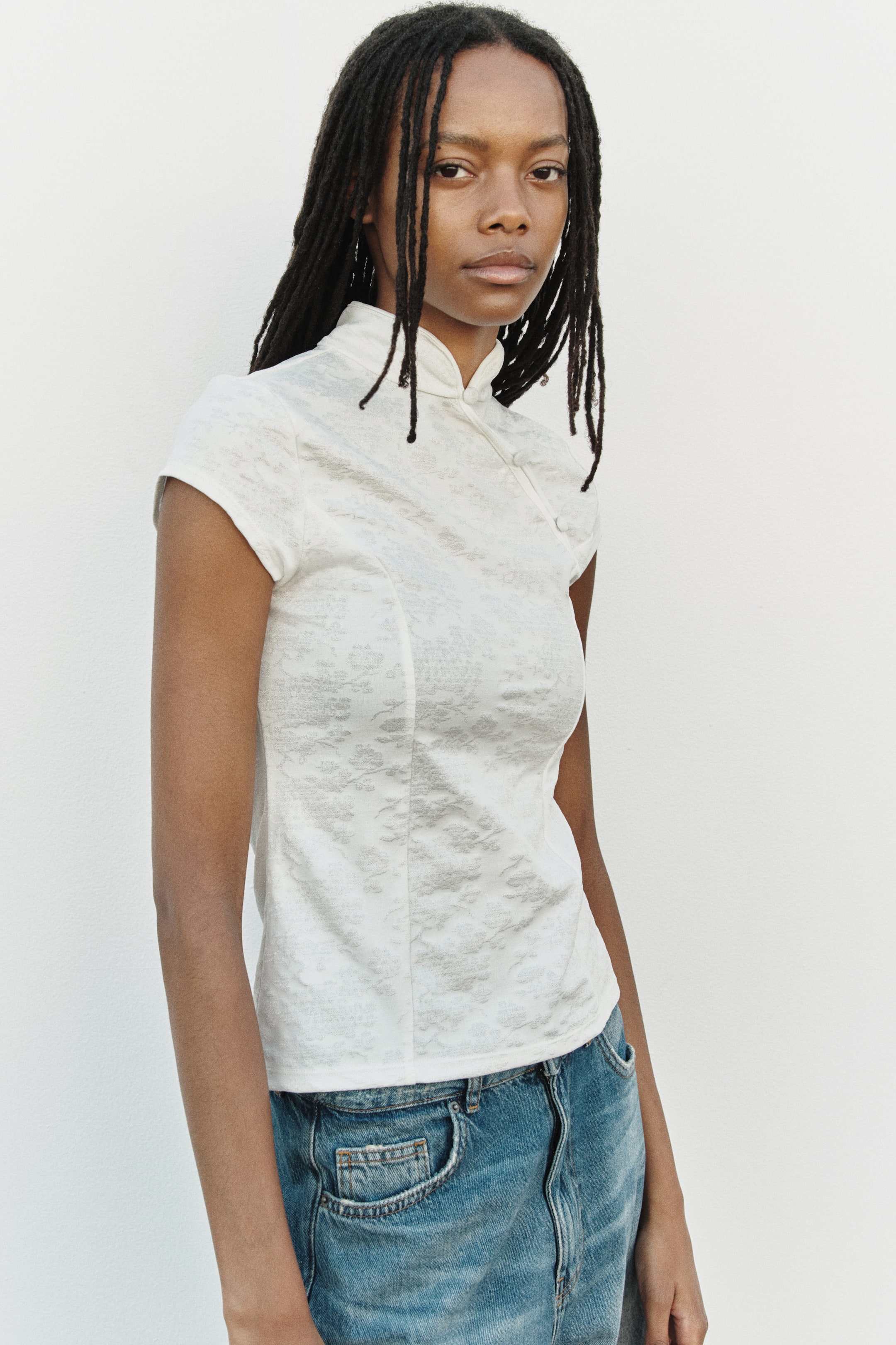Button-Detail Jacquard Jersey Top