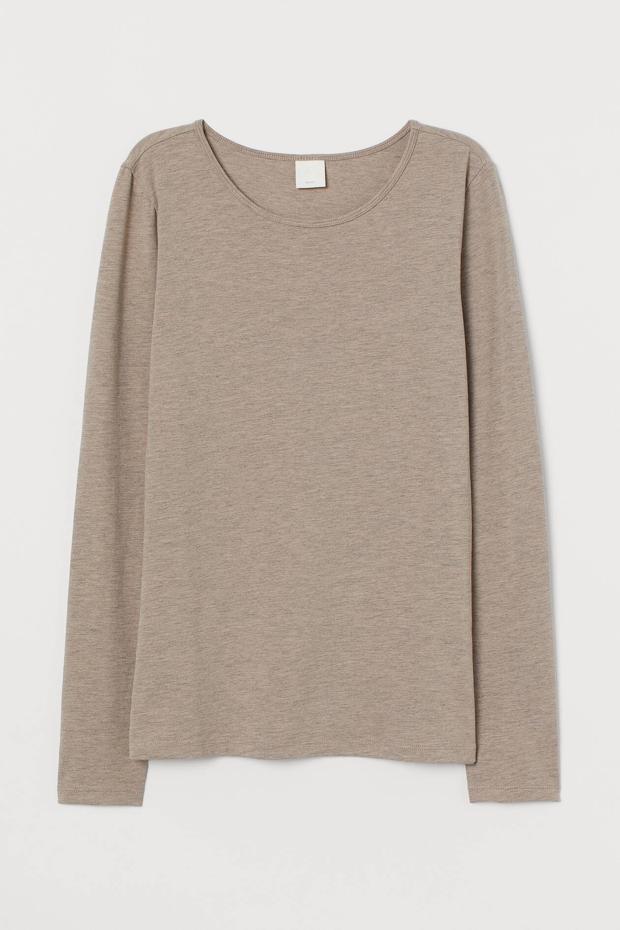 Long-sleeved Jersey Top - Round Neck - Long sleeve - Beige melange ...