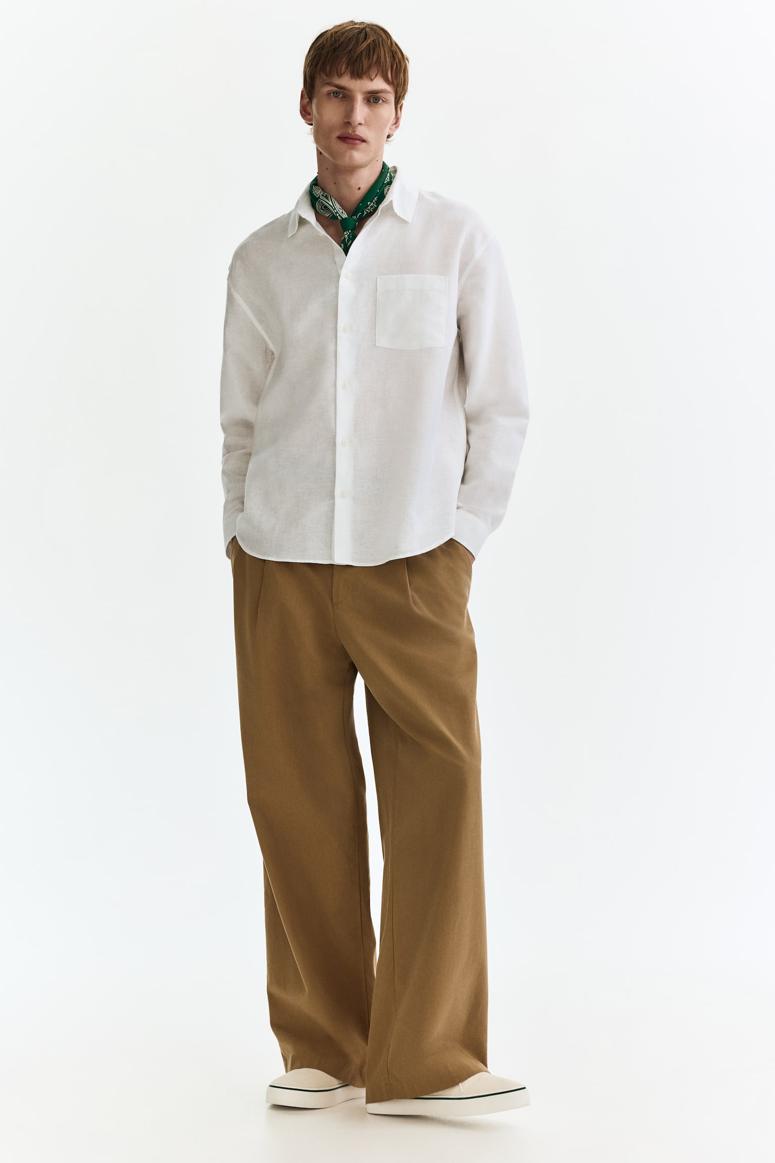 Сорочка Relaxed Fit на основі льону - Білий/Світло-блакитний/Темно-коричневий - 4