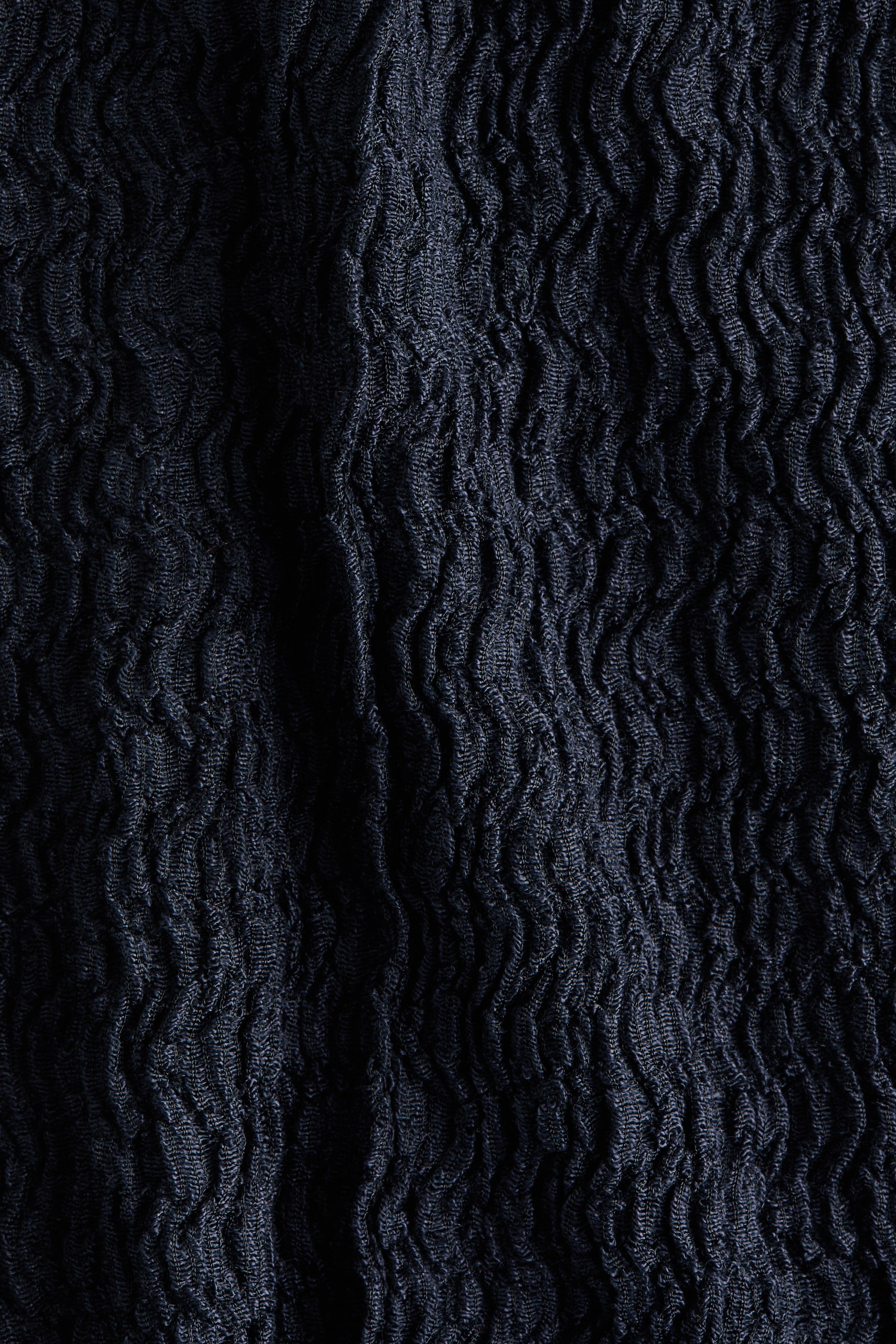 View larger image: Dark fabric is displaying a deeply crinkled texture across its entire surface. The texture is forming irregular, wavy folds that are creating a pronounced three-dimensional effect.