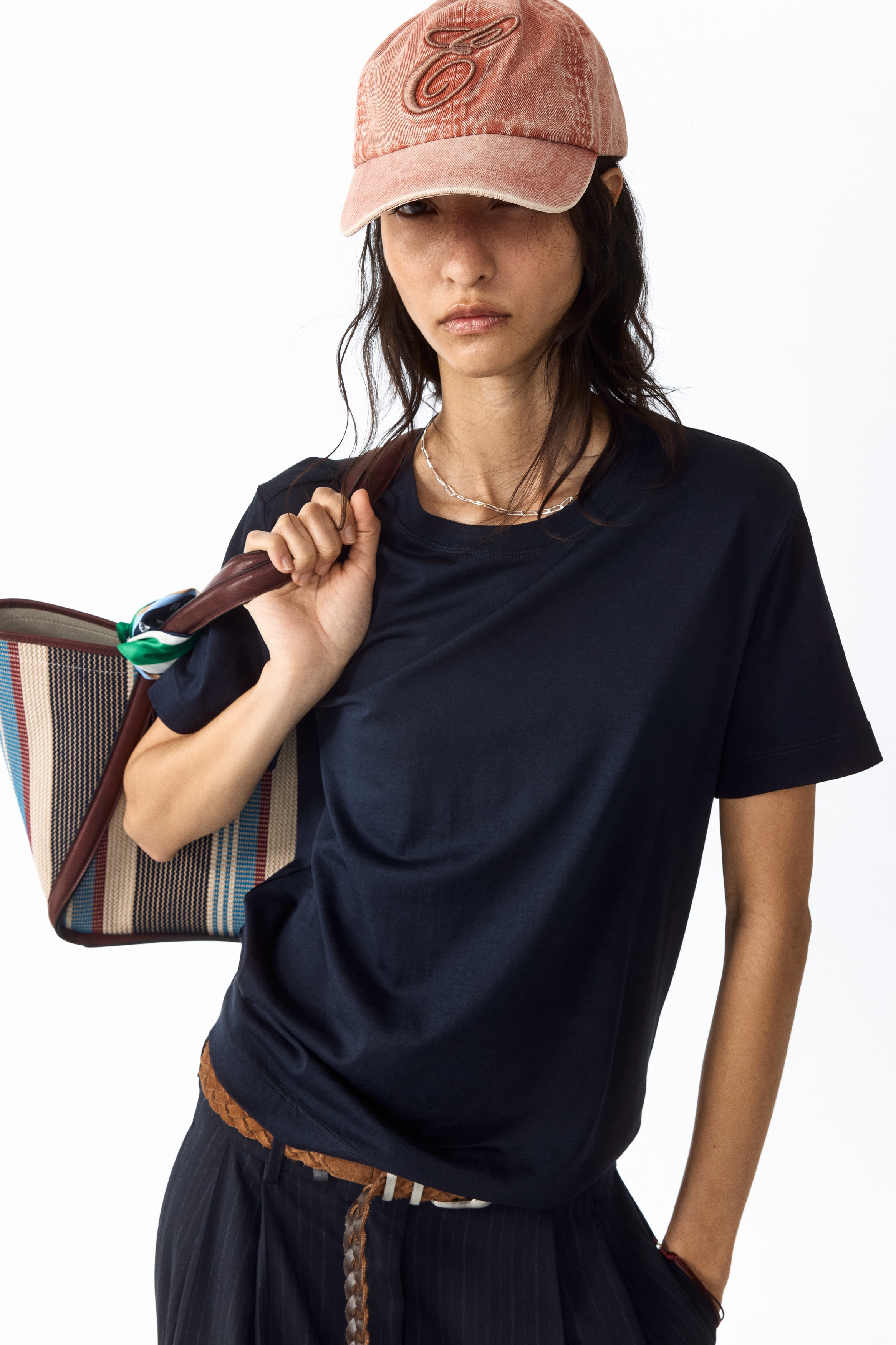 T-shirt en soie mélangée - Bleu marine/Blanc/Noir/Beige clair/Lilas
