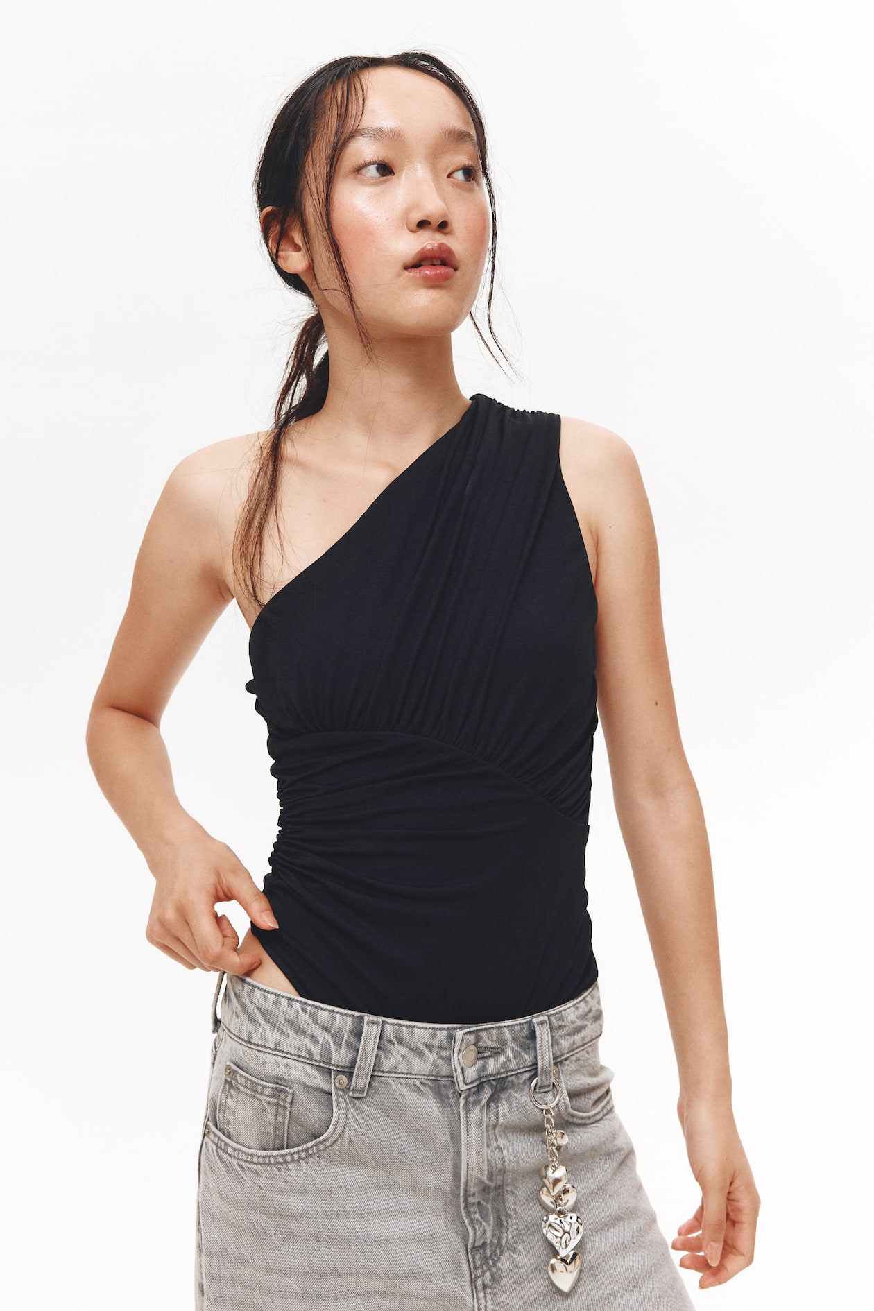 Draped One-Shoulder Thong Bodysuit - image 2