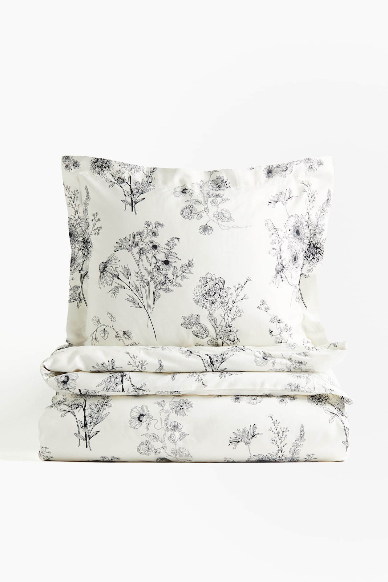 Parure de couette lit simple en satinette de coton - Noir/fleuri - Home All | H&M FR