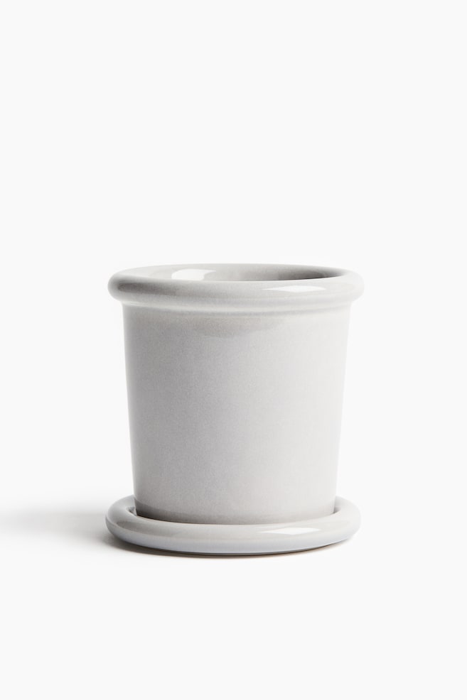 Extra-Small Stoneware Plant Pot with Saucer - Light gray/Light yellow - 1