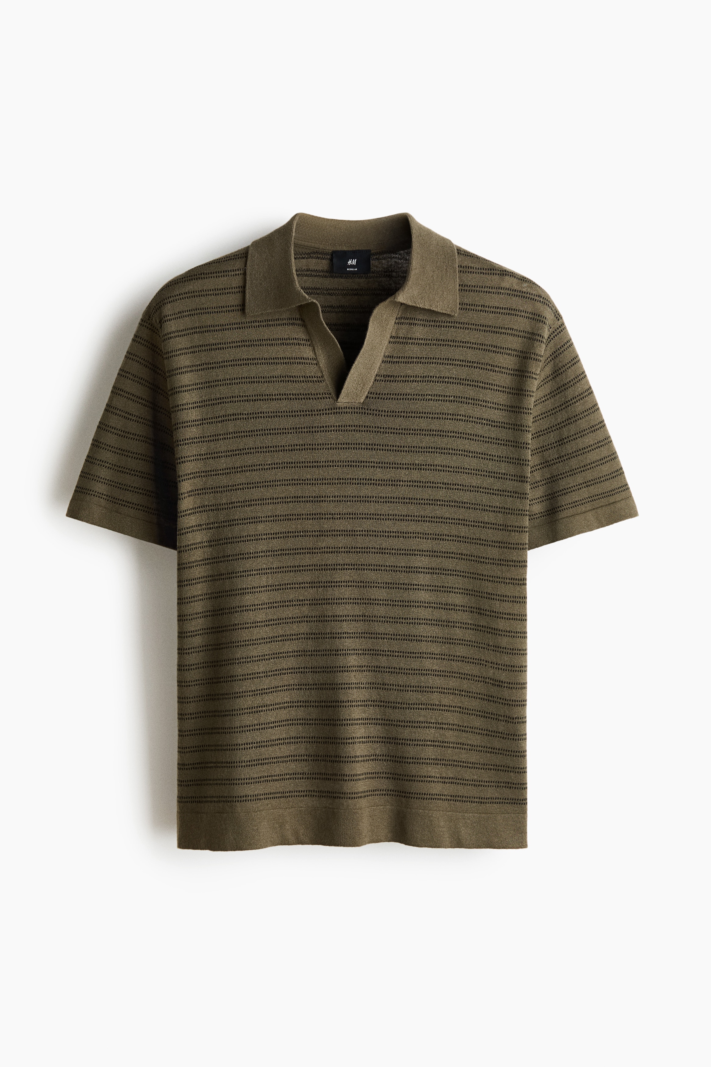 Regular Fit Linen-blend polo shirt - Dark khaki green/Striped/Beige/Striped/Black/Striped