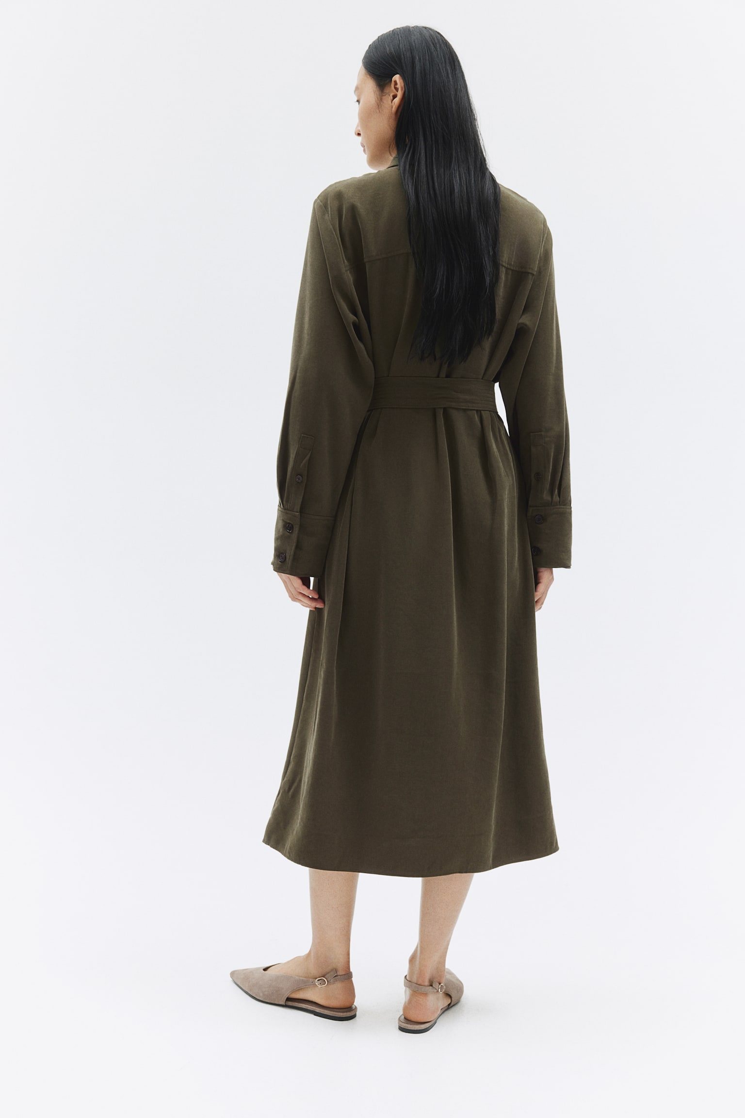 Belted shirt dress - Dark khaki green/White - 3