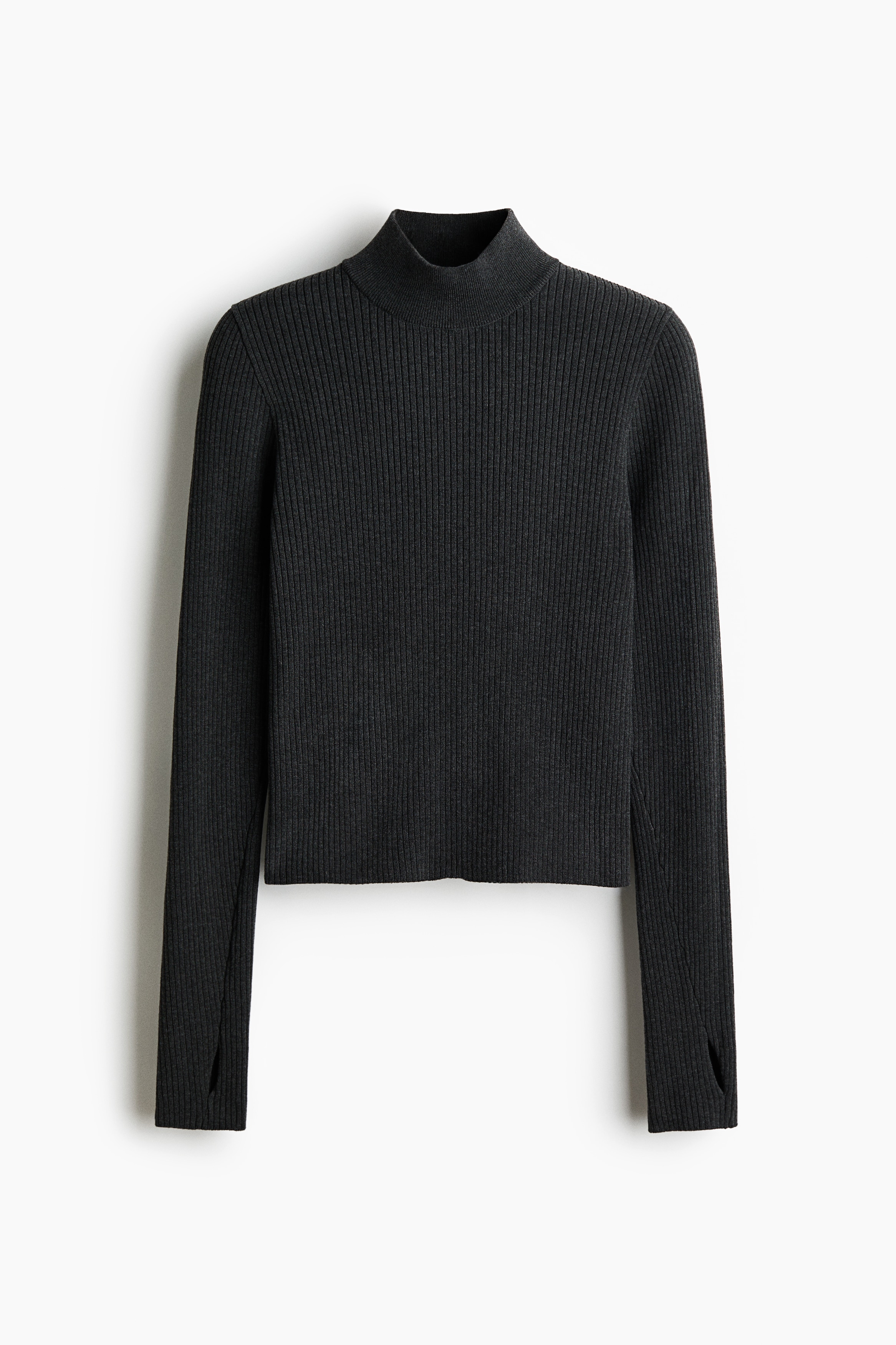 リブハイネックトップス - ダークグレーメランジ/バーガンディ