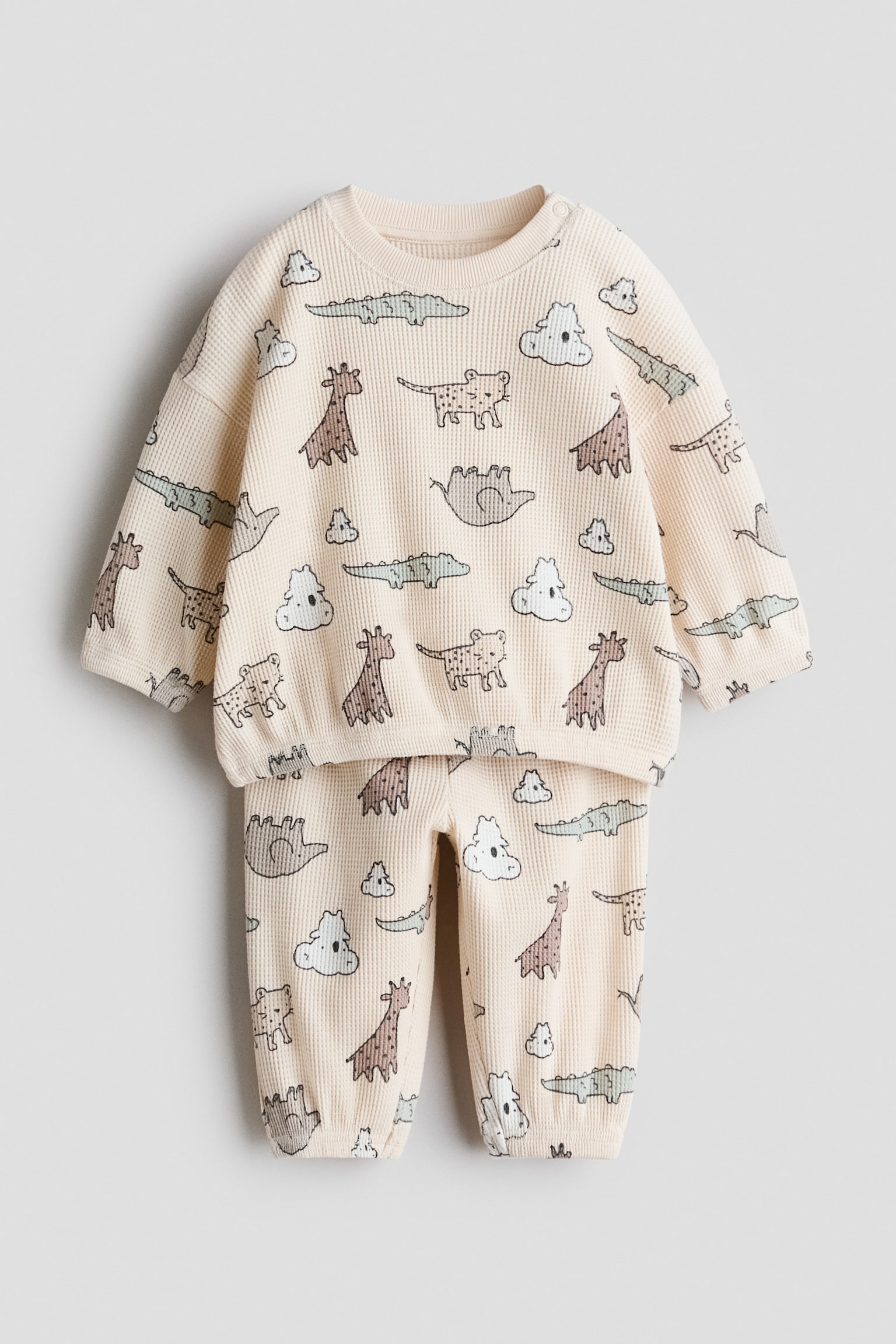 2件組棉質圖案套裝 - 淺米色/動物/灰藍色/恐龍