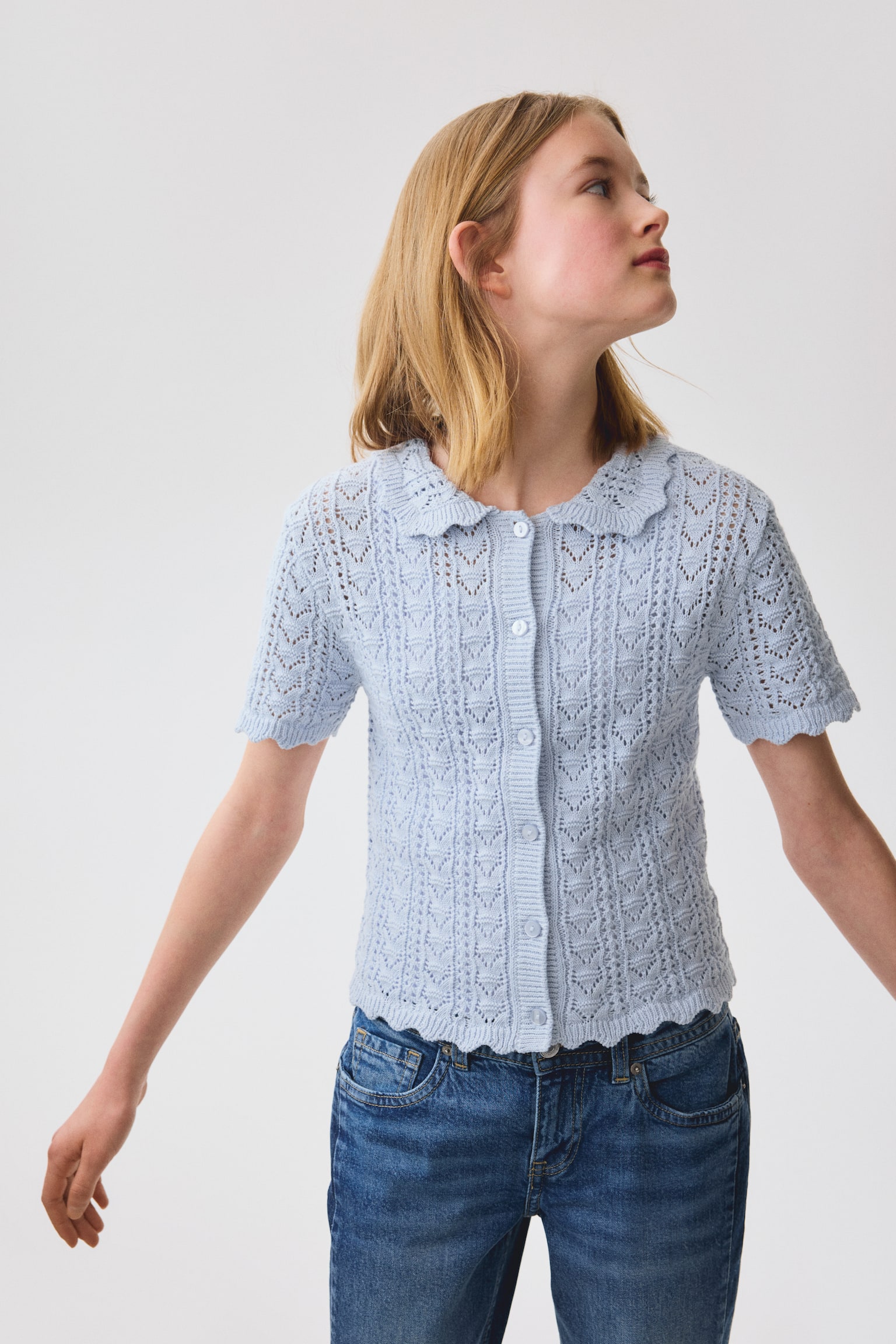 Crochet-look short-sleeved cardigan - Light blue/Cream - 4