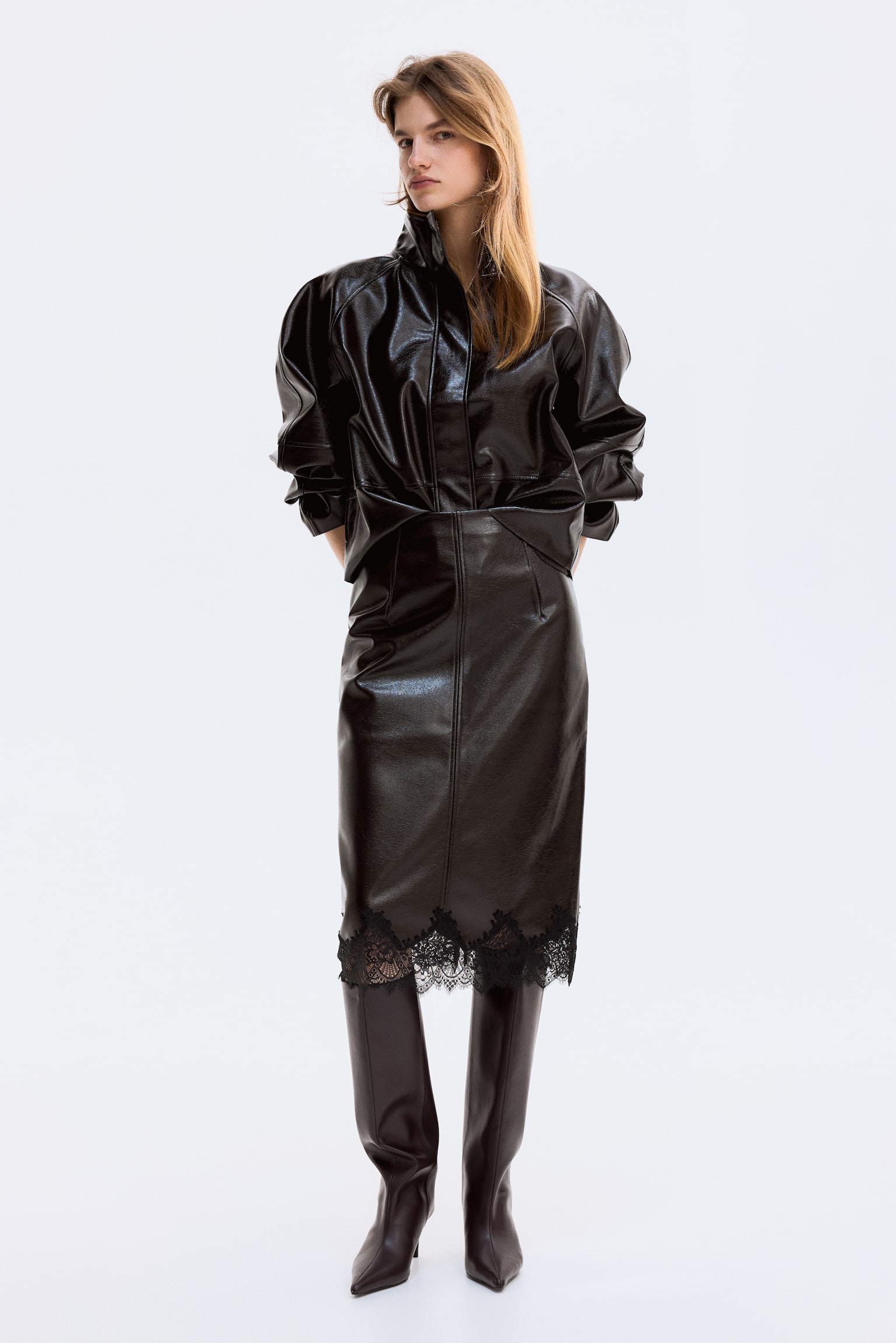 Fustă-creion peliculizată - Maro-închis - 2