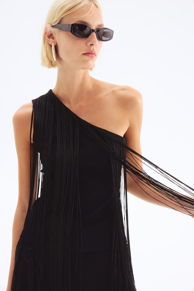 strapless open back dress Black One Shoulder Long Sleeve Fringe Mid-Thigh Dress - Western Clothing main image 0